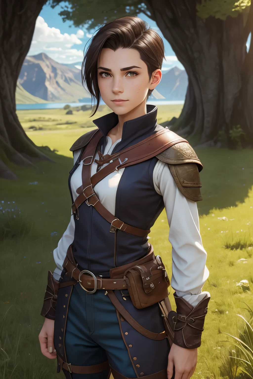 A happy young woman with an undercut in a fantasy setting. An adventurer and ranger. Very androgynous looking. In a good mood. Sympathic. Tomboyish. Androgynous. Slim body. Very . Very small breasts. Wide hips. Thick legs. Face: Extremly pale skin with liverspots and freckles. Soft narrow face with a round chin. Soft small jaw. Big forehead. Very thin barely visible eyebrows. Upturned big dark-brown eyes. Dark-brown eyecolour. Very long and wide nose. Big curved lips. Very short dark-brown hair. A boyish short haircut. Undercut. Sides shaved. A tight fantasy outfit of a lonley ranger and adventuerer. Background: Wide colourful plains. Green grass. A big lake. Shiny blue sky. Wonderful weather. Sense of wideness and freedom. 