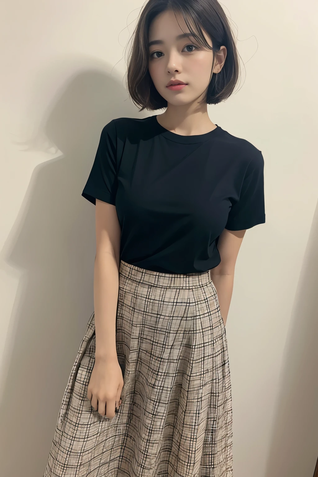 masterpiece、一人のBeautiful woman、detailed face、detailed eyes、detailed skin、highest quality、Japanese、always face straight ahead、28 years old、shortcut、, Beautiful woman、small breasts、 soft light, Beautiful woman、bright look、(Are standing)、 full body shotbob hair、black tshirt、Wearing a black short-sleeved T-shirt.、background is white、brown fluffy hair, Wearing a long plaid skirt , full body shot,So that the whole body is reflected,　White background,、bob hair、wearing a plain black T-shirt.、