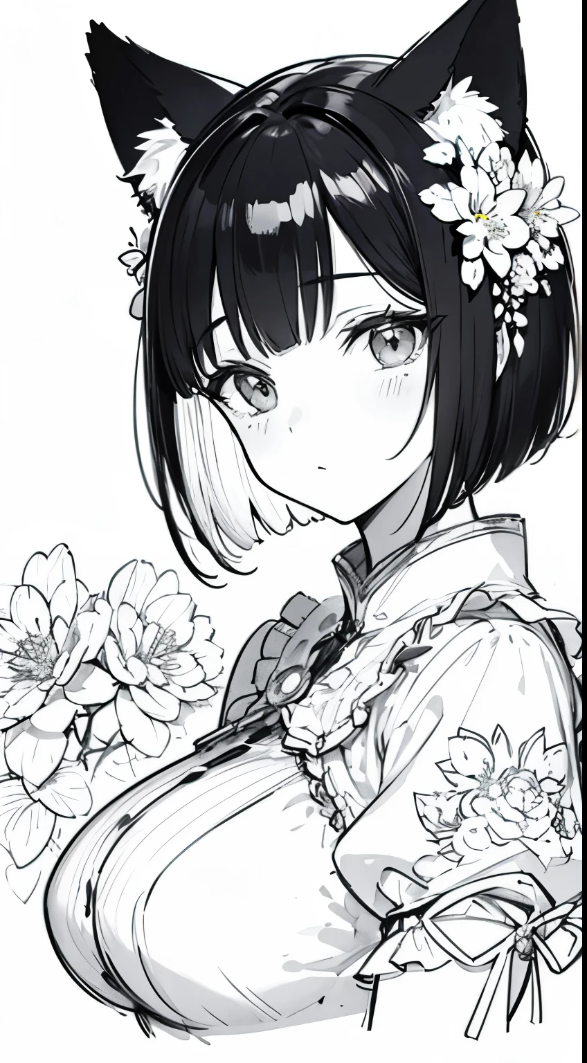 masterpiece, superlative, fox ears, Feminine ,  bust close-up, flower line drawing background, white background, monochrome, line drawing, ((sketch))、short bob、black hair、big breasts