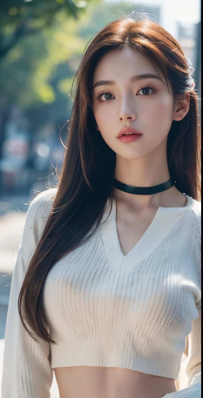 8k, masterpiece, RAW photo, best quality, photorealistic, extremely detailed CG unity 8k wallpaper, Depth of field, Cinematic Light, Lens Flare, Ray tracing, (extremely beautiful face, beautiful lips, beautiful eyes), intricate detail face, ((ultra detailed skin), Photo of Pretty 1 girl best qualtiy, ultra high resolution, (realisticlying:1.4),cute hairpin,1girll,Red long-haired,Cropped sweater ,Beautiful woman with a slim figure:1.4, Pronounced abs:1.4, On the island,Ultra-fine face,Elaborate Eyes,double eyelid,choker necklace