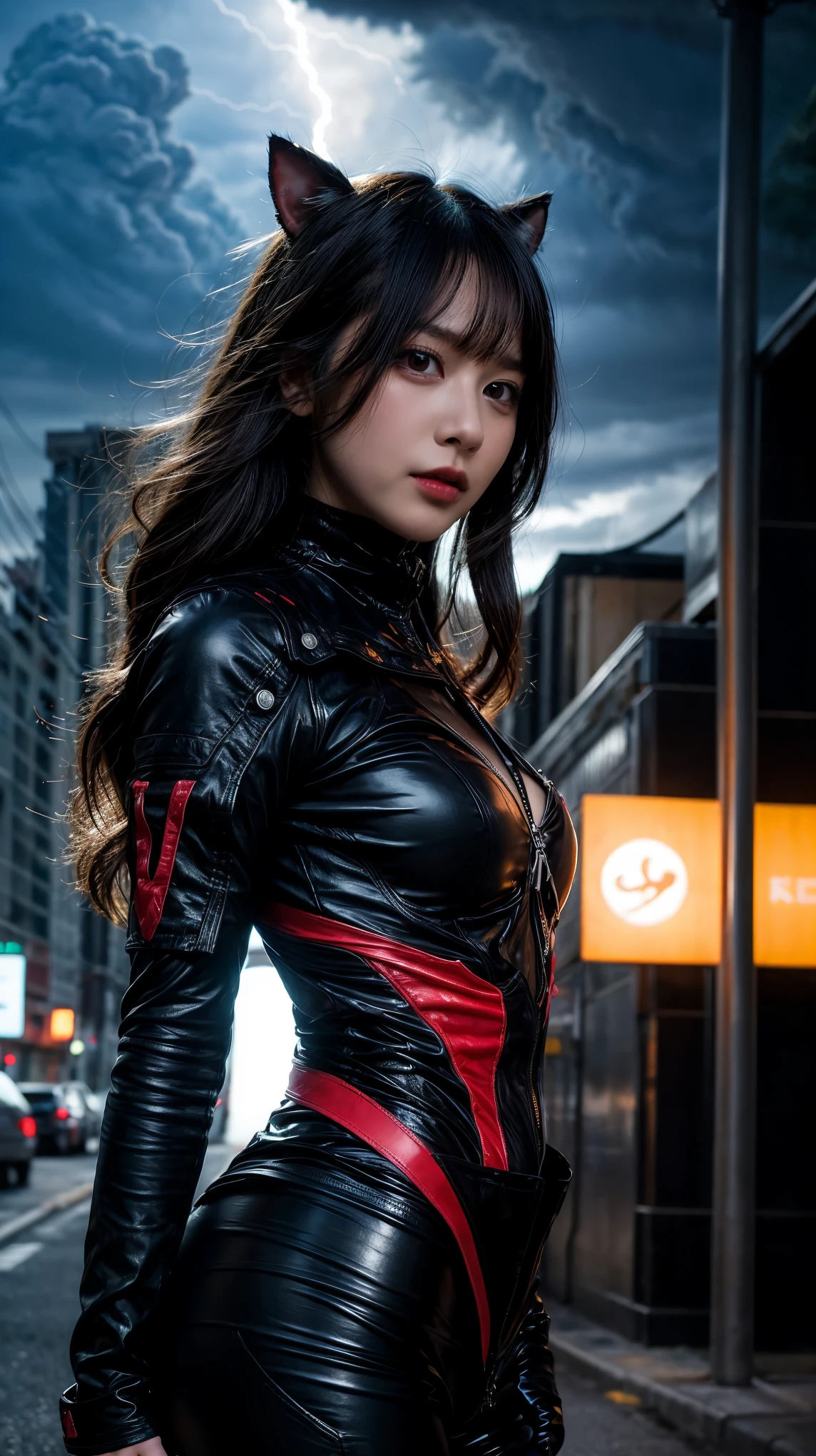 1 Japanese girl, warframe, complicated pattern, heavy metal, energy line, faceless, shining eyes, elegant, intense, blood red and black uniform, alone, modern, city, street, dark clouds, thunderstorm, heavy rain,, dramatic lighting,, (masterpiece:1.2), highest quality, High resolution,   beautiful, very detailed, perfect lighting,