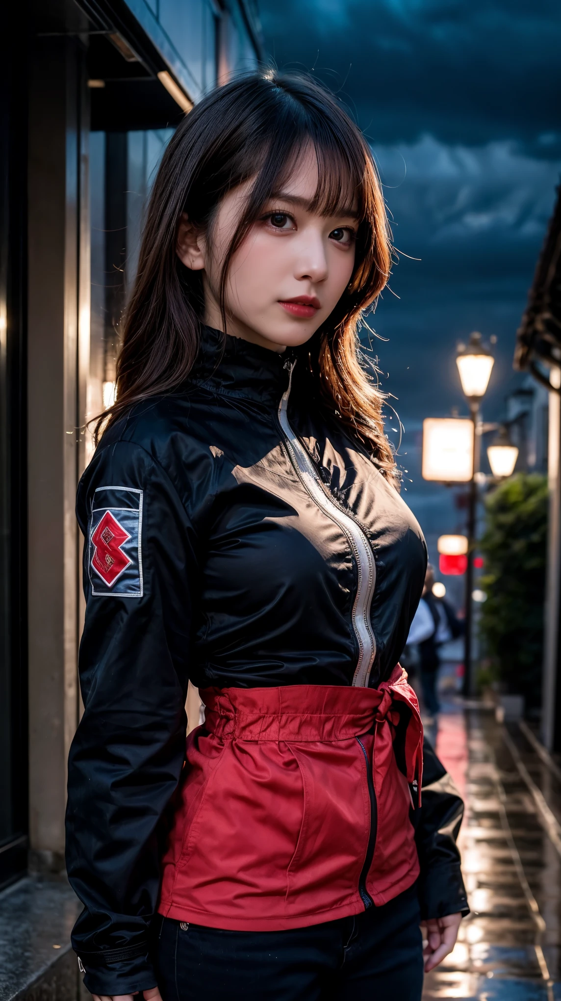 1 Japanese girl, warframe, complicated pattern, heavy metal, energy line, faceless, shining eyes, elegant, intense, blood red and black uniform, alone, modern, city, street, dark clouds, thunderstorm, heavy rain,, dramatic lighting,, (masterpiece:1.2), highest quality, High resolution,   beautiful, very detailed, perfect lighting,