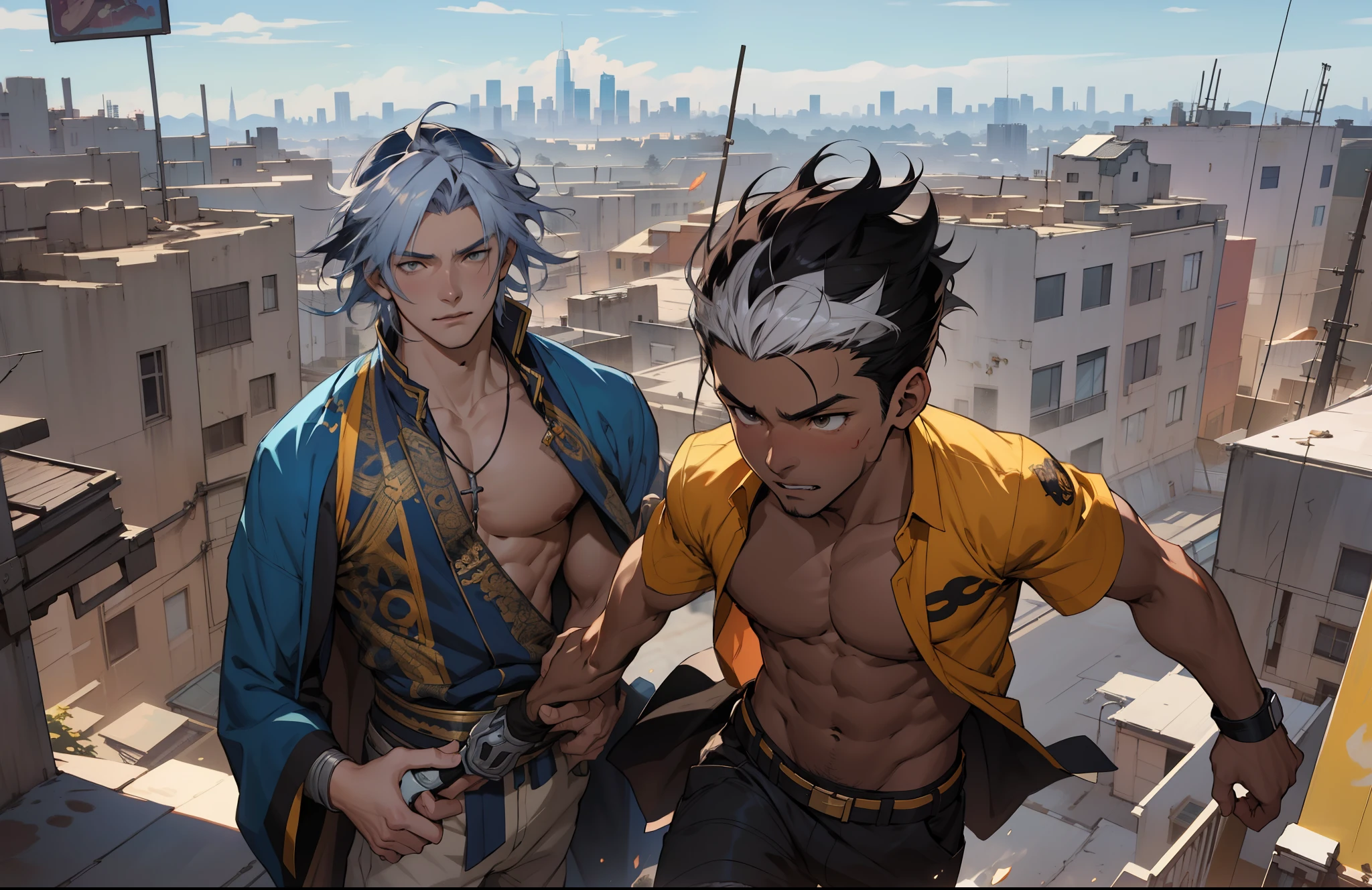 The young boy runs desperately from the prince who follows him anime characters on a rooftop with a city in the background, akehiko inoue y ross tran, krenz cushart y asher duran, krenz cushart y artem demura, arte oficial, artgerm and genzoman, jin shan y ross tran, Ross Tran y Bayard Wu, petros and leonid, tipo