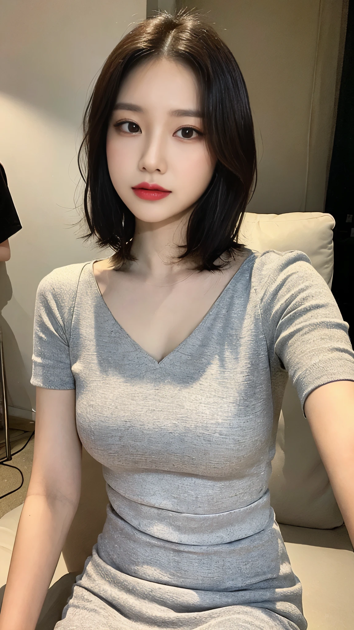 A close up of a woman sitting on a couch wearing a gray shirt - SeaArt AI