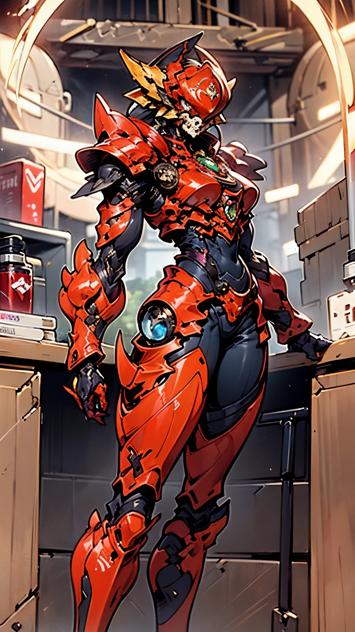 A woman adorned in fantasy-style full-body armor, a crown-concept fully enclosed helmet that unveils only her eyes, a composite layered chest plate, fully encompassing shoulder and hand guards, a lightweight waist armor, form-fitting shin guards, the overall design is heavy-duty yet flexible, ((the armor gleams with a golden glow, complemented by red and blue accents)), exhibiting a noble aura, she floats above a fantasy-surreal high-tech city, this character embodies a finely crafted fantasy-surreal style armored hero in anime style, exquisite and mature manga art style, (Queen bee mixed with Spider concept Armor, plasma, blood), ((Element, energy, elegant, goddess, femminine:1.5)), metallic, high definition, best quality, highres, ultra-detailed, ultra-fine painting, extremely delicate, professional, anatomically correct, symmetrical face, extremely detailed eyes and face, high quality eyes, creativity, RAW photo, UHD, 32k, Natural light, cinematic lighting, masterpiece-anatomy-perfect, masterpiece:1.5
