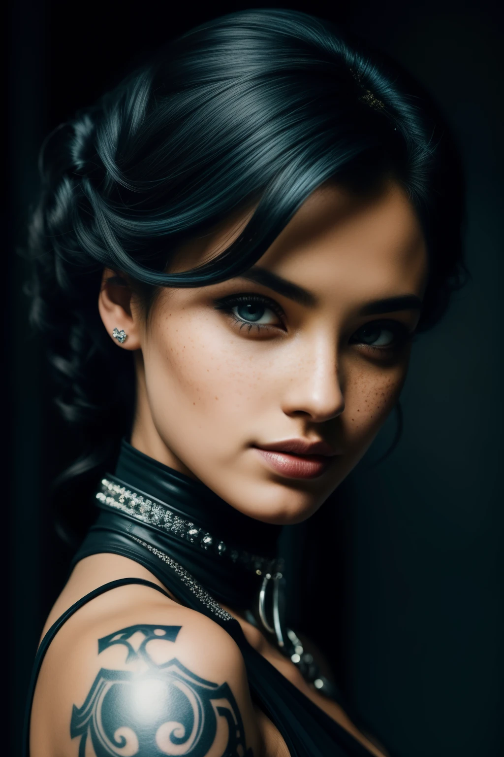 A captivating photo of a woman, following the rule of thirds, is taken under dramatic lighting. Her medium blue and some black hair cascades down in intricate curls. The detailed face reveals a distinct nose, expressing a subtle smirk. Dressed in a sleek black dress, she showcases freckles that add to her unique charm. A collar or choker adorns her neck, complementing her mystique. A tattoo peeks out from the arm of this alluring figure, adding an edgy element to her persona. The intricate background, filled with shadows and highlights, sets the stage for this mesmerizing portrait. The camera's capabilities are pushed to their limits, capturing