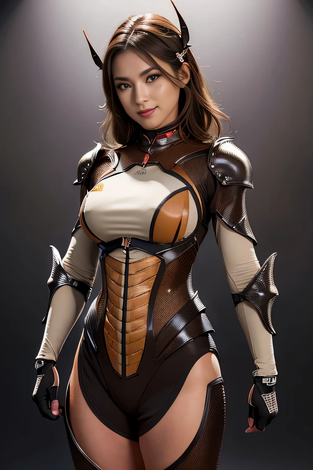 (High resolution,masterpiece,highest quality,Very detailed CG, anime, official art:1.4), realistic, photograph, amazing detail, everything is complicated, shiny and glossy,Amazing number of layers, 8K wallpaper, 3D, sketch, cute, figure,( alone:1.4), perfect female proportions,villain&#39;s daughter, (Fusion of dark brown cockroach and lady:1.4), (brown cockroach woman:1.2), (brown cockroach woman:1.2), (Fusion:1.2), (alone:1.4), (evil smile:1.2), muscular, abs, (Cockroach brown exoskeleton bio insect suit:1.4), (Cockroach brown exoskeleton bio insect armor:1.2), (brown transparent cockroach feathers:1.4), (Antennae of brown cockroaches:1.3),