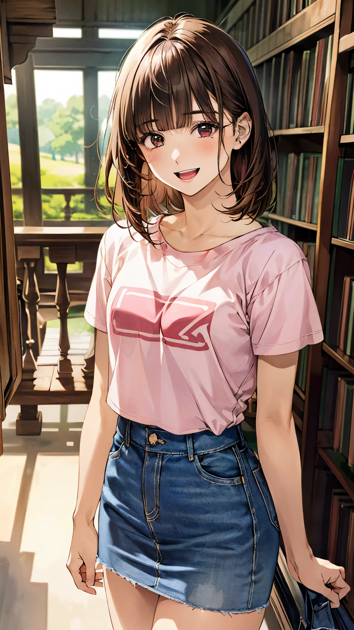 (masterpiece:1.2, top-quality, ultra high res, ultra detailed), (realistic, photorealistic:1.4), beautiful illustration, colorful, (natural side lighting, movie lighting),
looking at viewer, 1 girl, japanese, high school girl, perfect face, (perfect anatomy), cute and symmetrical face, shiny skin, ,
(short hair:1.5, straight hair:1.2, red brown hair), blunt bangs, black eyes, small eyes, drooping eyes, slant eyes, long eye lasher, (),
beautiful hair, beautiful face, beautiful detailed eyes, beautiful clavicle, beautiful body, beautiful chest, beautiful thigh, beautiful legs,
((detailed cloth texture, pink t-shirts, denim skirt, ),
(beautiful scenery), depth of field, evening, (library), standing, (happy smile, upper eyes, open mouth),