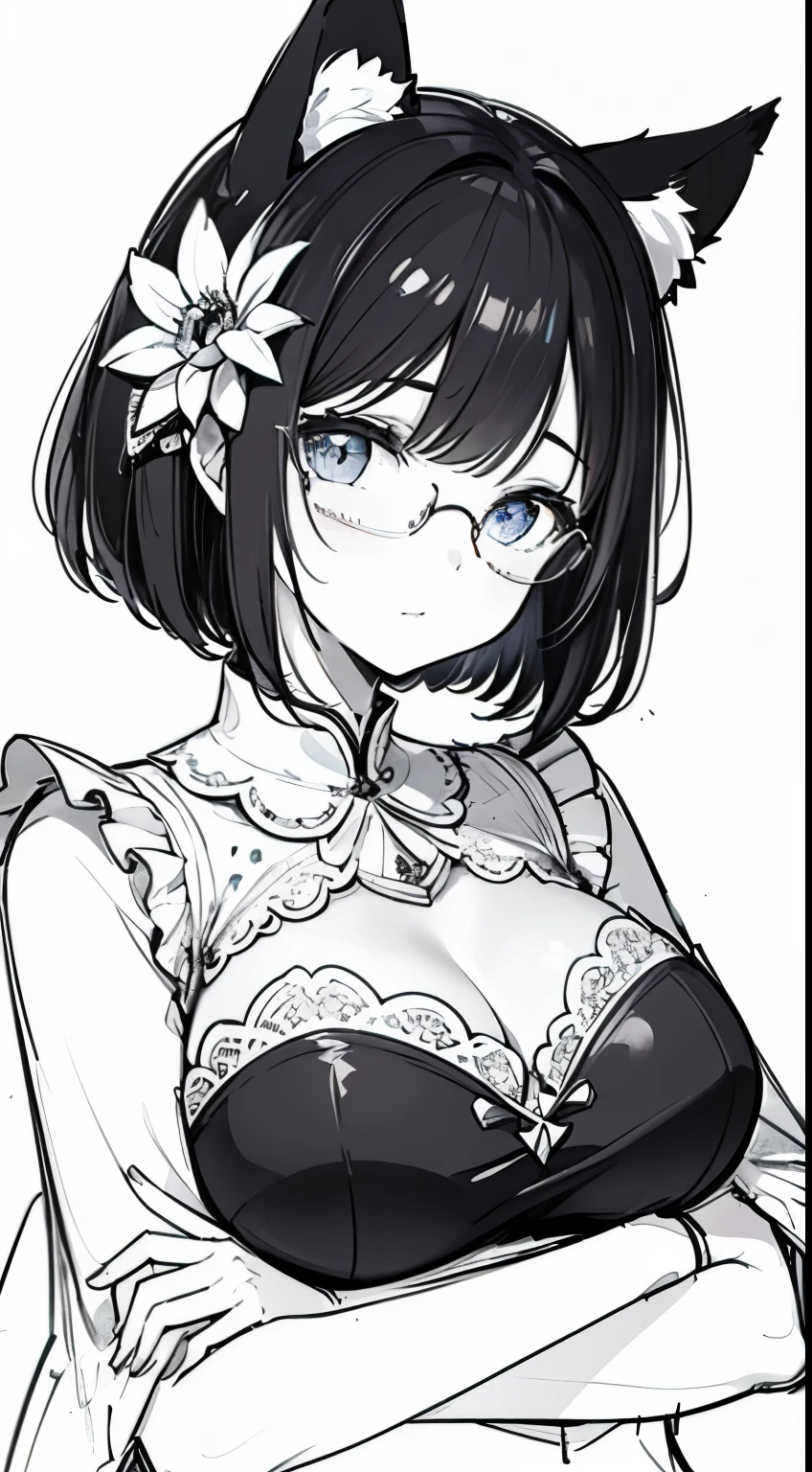 masterpiece, superlative, fox ears, Feminine , bust close-up, flower line drawing background, white background, monochrome, line drawing, ((sketch))、short bob、black hair、big breasts、big glasses