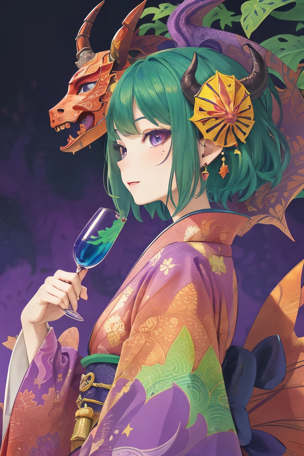 (1 girl, alone, From the side), very detailed, (abstract background, tangled, fractal art:1.3), (lots of colors, colorful:1.1), (demon mask、liquor、leaf:1.3), dynamic pose, earrings 、two big horns、green hair、purple eyes、short hair、kimono