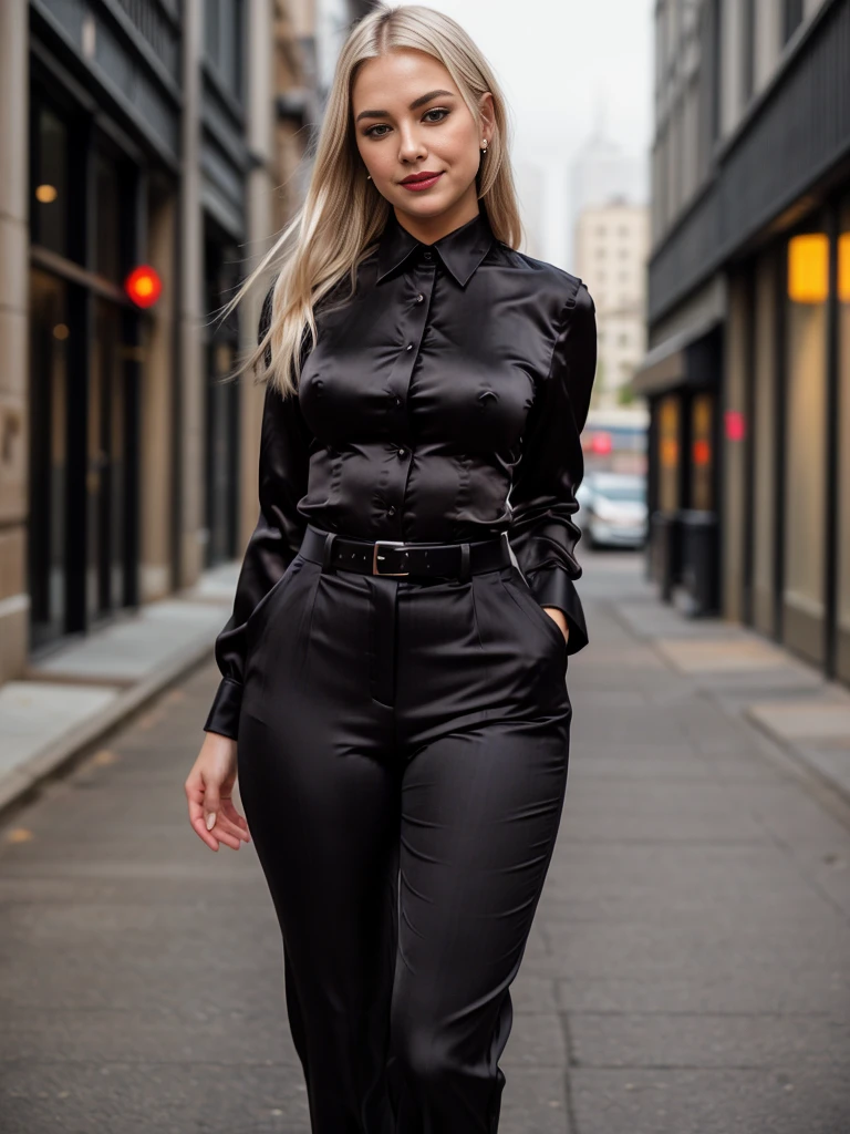 beautiful photograph of a smart looking office lady, solo, outdoors, standing against a midnight city skyline at, street light alleyway wearing a (black silk, collared shirt), fine silky-smooth fabric emphasis, perfectly defined button detailing, (((black high-waisted pants))), belt, diamond stud earrings, (long sleek back, platinum blonde hair), stunning brown eyes, freckles, ((cheeky sensual smile)), slender figure, full body shot, photographed on a Fujifilm XT3, 80mm F/1.7 prime lens, cinematic film still, cinestill 500T, highly detailed, masterpiece, highest quality, intricately detailed, HDR, 8k, uhd, photorealistic