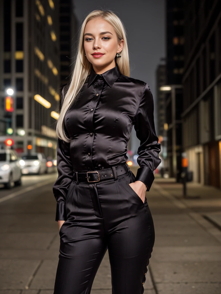 beautiful photograph of a smart looking office lady, solo, outdoors, standing against a midnight city skyline at, street light alleyway wearing a (black silk, collared shirt), fine silky-smooth fabric emphasis, perfectly defined button detailing, (((black high-waisted pants))), belt, diamond stud earrings, (long sleek back, platinum blonde hair), stunning brown eyes, freckles, ((cheeky sensual smile)), slender figure, full body shot, photographed on a Fujifilm XT3, 80mm F/1.7 prime lens, cinematic film still, cinestill 500T, highly detailed, masterpiece, highest quality, intricately detailed, HDR, 8k, uhd, photorealistic