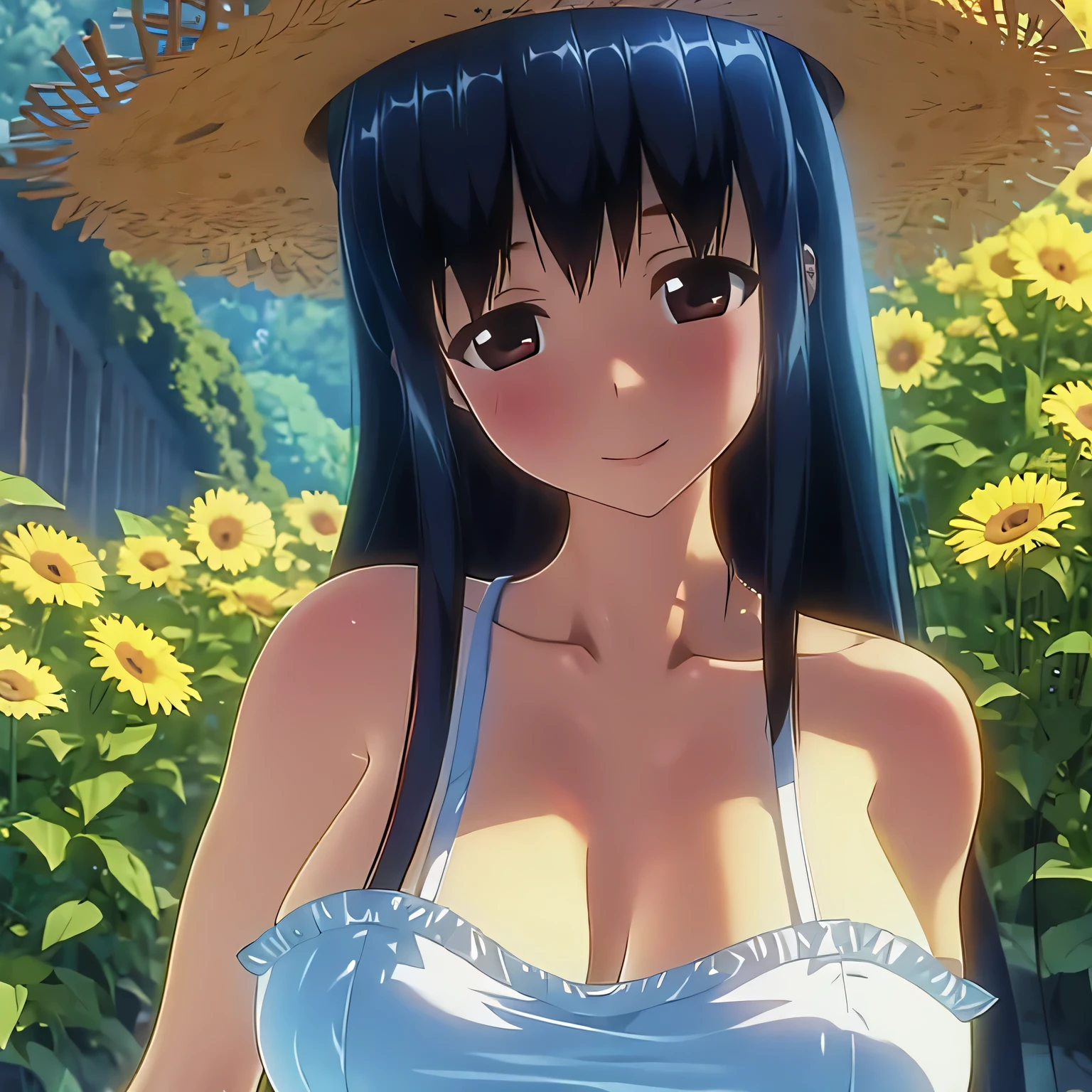 (masterpiece, highest quality:1.2), 1 girl, alone,(long black hair,dull bangs),15 year old Japanese woman,beautiful face,blush,smile,(huge breasts:1.1),in the backyard,during the day