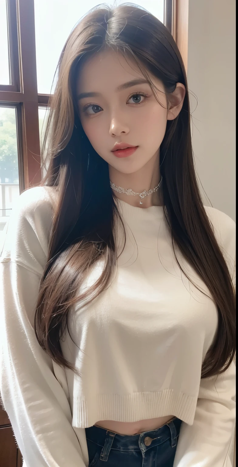 8k, masterpiece, RAW photo, best quality, photorealistic, extremely detailed CG unity 8k wallpaper, Depth of field, Cinematic Light, Lens Flare, Ray tracing, (extremely beautiful face, beautiful lips, beautiful eyes), intricate detail face, ((ultra detailed skin), Photo of Pretty 1 girl best qualtiy, ultra high resolution, (realisticlying:1.4),cute hairpin,1girll,Red long-haired,Cropped sweater ,Beautiful woman with a slim figure:1.4, Pronounced abs:1.4, On the island,Ultra-fine face,Elaborate Eyes,double eyelid,choker necklace