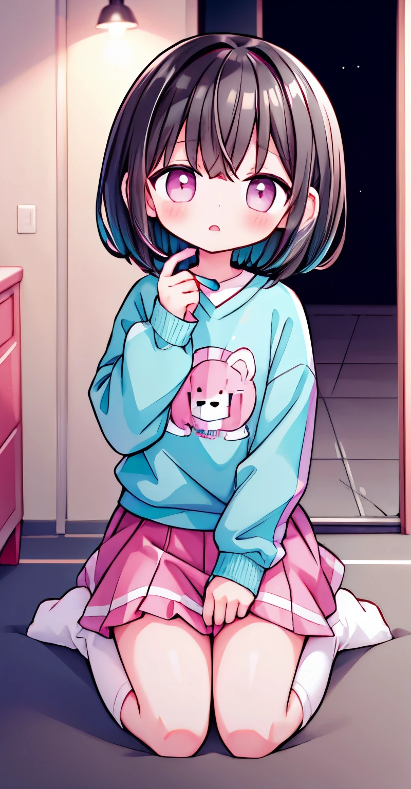 Girl with short dark hair，shy，blush，earphone，Turquoise sweatshirt，pink skirt，White knee socks，black boots，