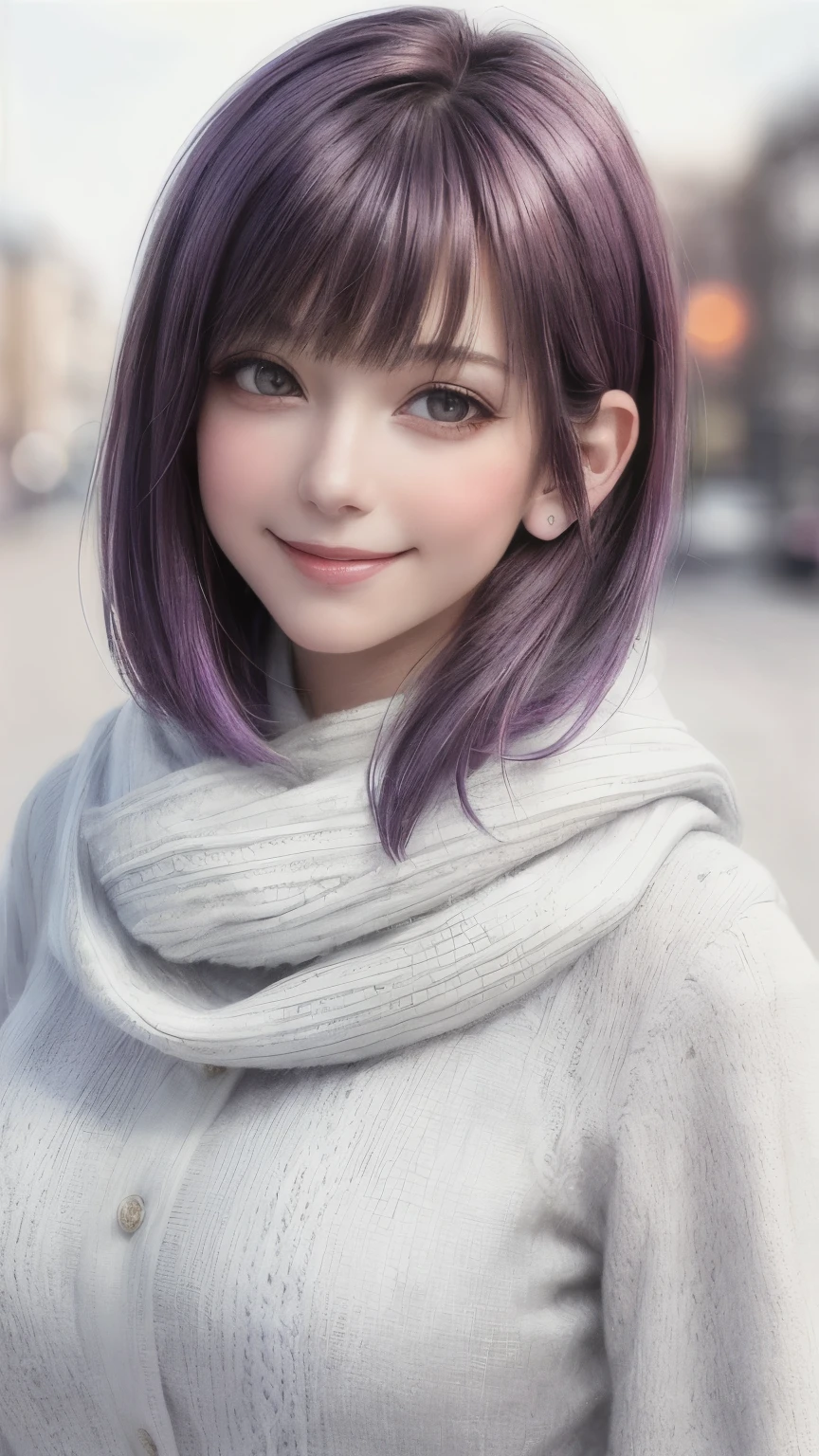 (masterpiece, best quality),1 girl, solo, purple hair, scarf, real, look at viewer, light colored black eyes, short hair, brown coat, spring clothes, white light scarf, lips, bangs, outdoors, closed mouth, upper body, big eyes, eyelashes, (((really nothing background, really pure white background)), (short hair with bangs, big eyes, big breasts, staring at the viewer, beautiful beauty, Ears out, smile a little, close your mouth and smile))),
