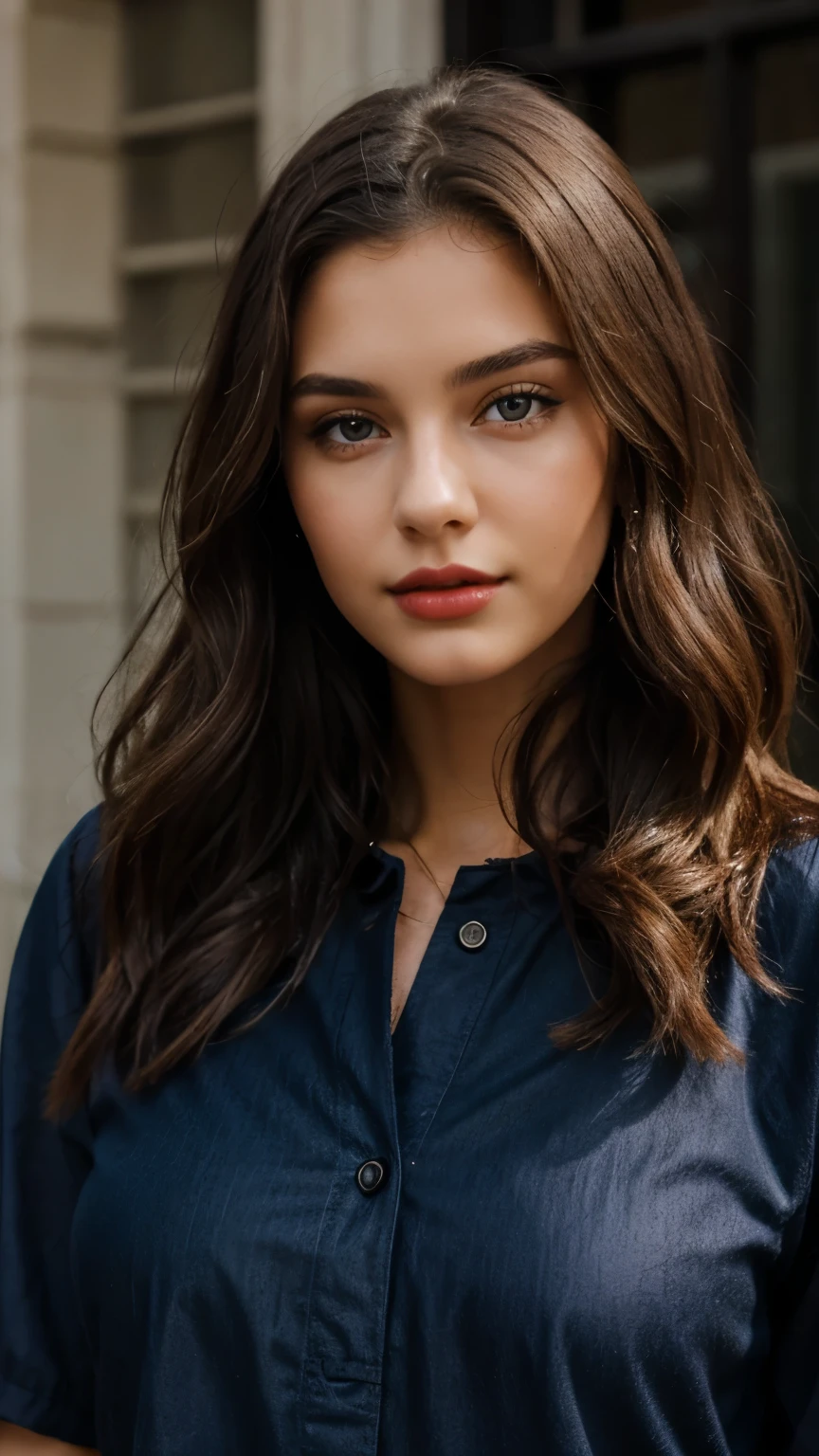 Young woman, with wavy hair, ultra textured leather, Perfect eyes, 22 years old, Red lips, top quality, Masterpiece, ultra high resolution, A look at the chest