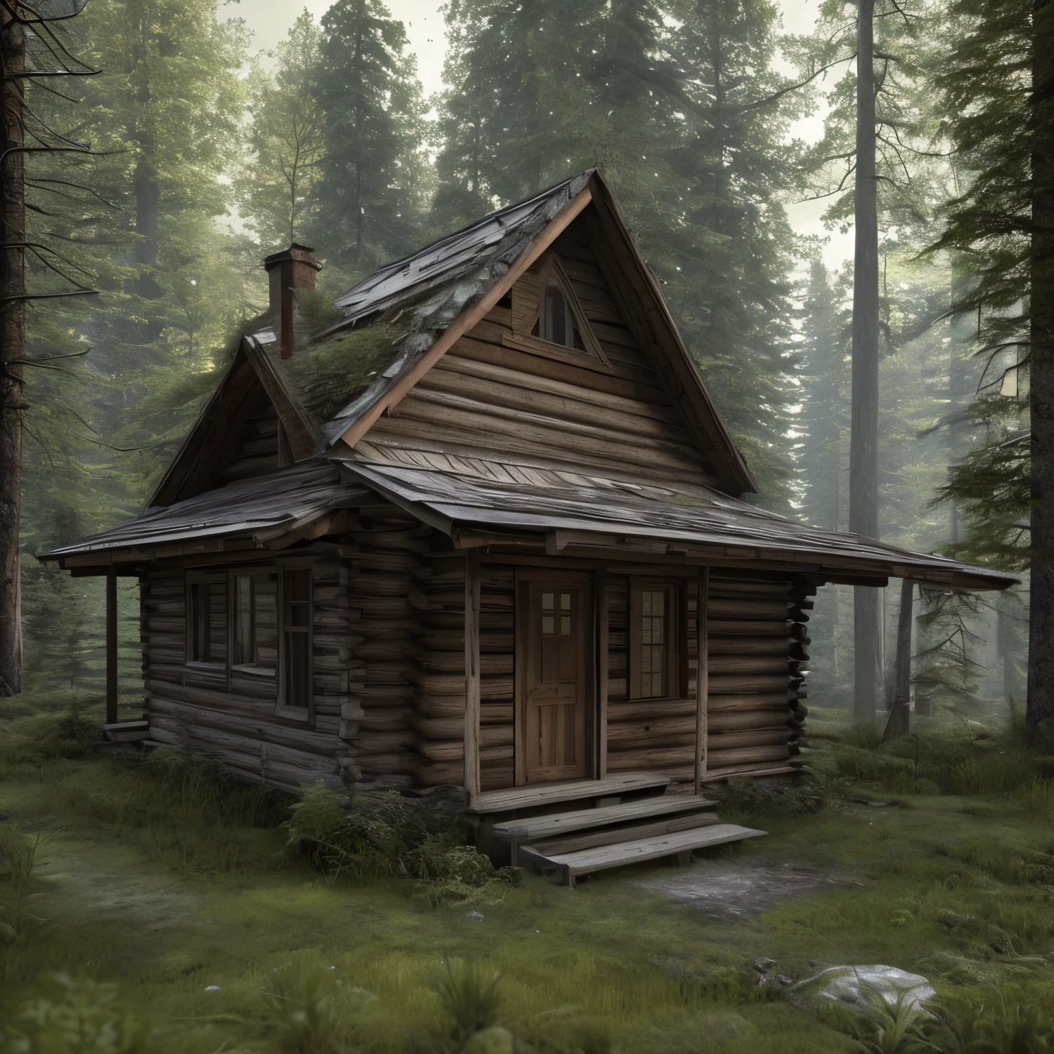 an abandoned dilapidated cabin in dark, dense woods, forest, paysage, (Very detailed, HD), indice d'high octane, 8K, high resolution, dramatic lighting, Sharpness, profondeur de champ, chef-d'artwork, best quality, 3D, Photorealistic, Textures de haute qualité