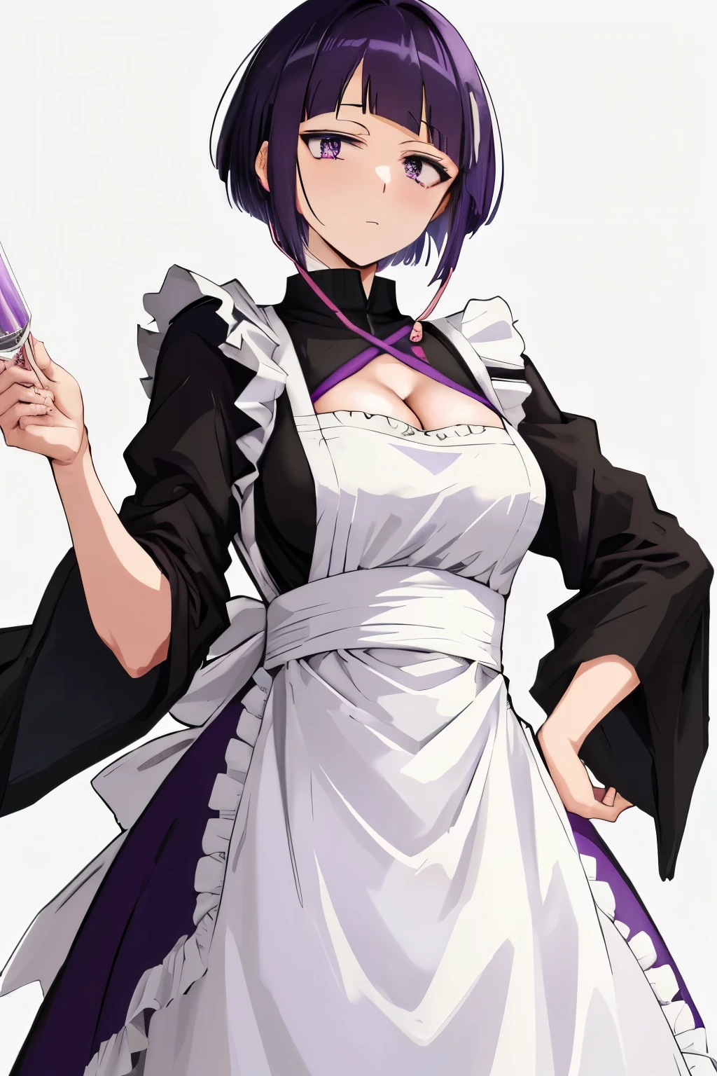 jirou kyouka, General, 1girl, alternate costume, apron, audio jack, black dress, breasts, cleavage, dress, enmaided, long earlobes, looking at viewer, maid, maid apron, purple eyes, purple hair, short hair, small breasts, solo, white apron, white background