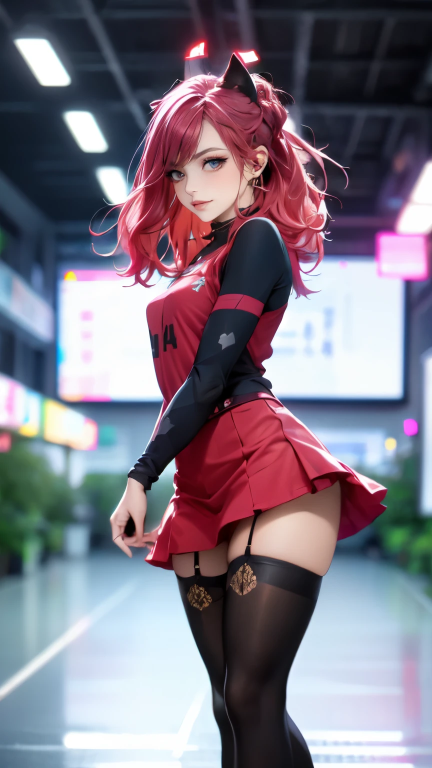 ((Best quality)), ((Masterpiece)), (Detailed), Perfect face, Red eyes, red long hair, male, Blue and red clothes, Cowboy shot, Chigiri Hyoma, soccer ball, Sports uniform, feminine, no , Tiger Plushie, Red halo, (Detailed, sharp details:1.3),(Masterpiece:1.3), 1 boy, Innocent expression, Skin texture, cute, (Masterpiece, Best quality, High quality, High accuracy, ultra-Detailedة:1.1), male Single, Masterpiece, Anime, Masterpiece, Full body, in the fresh air, Masterpiece, Best quality, ultra-high-Detailedة, (White and supple skin), Sophisticated appearance, Well-defined linear segment of muscle, Best quality:1.2), Looking at the scenes, He smiles, Glowing eyes, Single, beautiful Red eyes, Floating hearts, Heart Eyes, Stunning 4K art style, Cool eyes, Cool eye effects, Radiant lights, Sanpaku, 1 male, male character, long hair, holding a soccer ball, Short sleeves, Great thighs and ass, Stunning 4K style, 8k, blushing, holding a lightsaber, Fishnet upper thigh, goth outfit, Ripped socks, Torn upper thigh, pink striped thigh high socks, thigh highs, pink thigh highs, pink colored thigh highs, cute smile, hands on hips, black skirt, blowing winds, blush, holding 2 guns