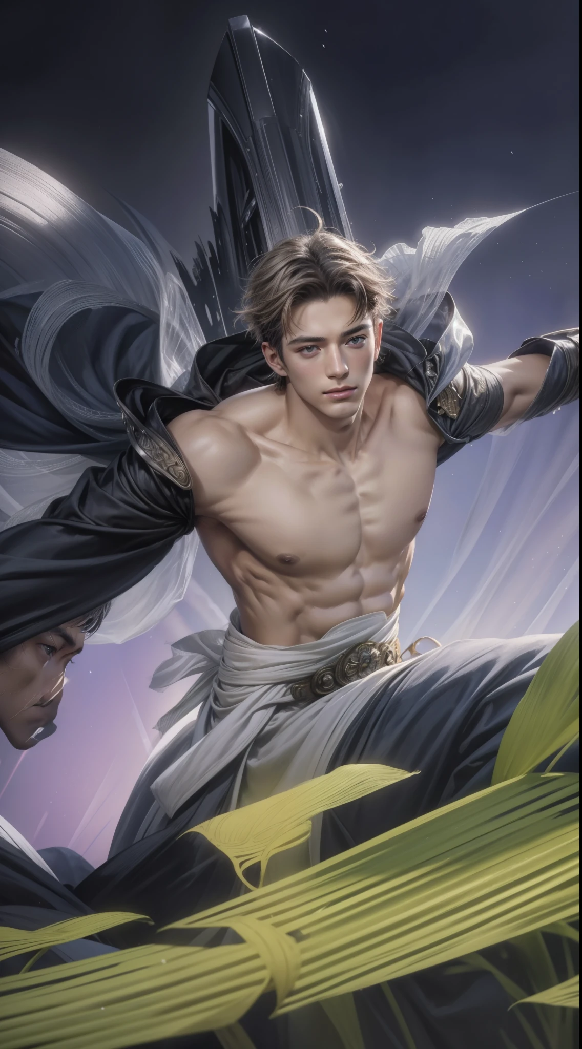 1 homme, (male model) peau chaude, chef-d'artwork, best quality, le plus bel homme du monde, Par Shen Quan, corps parfait, beautiful male model, An attractive 18-24 year old man aesthetically pleasing, blossoms in printemps, champs verts, printemps, plaines, des arbres, fleurs, ciel bleu, jeune homme rugueux et beau en robe blanche transparente, Tissu transparent blanc, shirtless jacket shoulders, muscles de la poitrine exposés, exposed thighs, ((exposé transparent blanc briefale focus), (Lisse body)), sourire, super mignon, pose dynamique, Cool and seductive, dramatic lighting, tout le corps shot, tout le corps shoot, jeune visage, tout le corps, corps sans poils, maigre grand, Corps en forme, dominant, peau blanche ou blanche, jeune visage, corps ferme, HD, ton chair naturel, Soft light, Very detailed, en regardant le public, la photographie, detailed skin, real person, realistic, photorealistic realistic, Crazy Detail, facial detail, maximisation du battage médiatique, surrealism hype, film, telephoto lens, detail of the complex'lighting , Very detailed, Very detailed, digital painting, Station artistique, art conceptuel, Lisse, Sharpness, Illustration, unreal engine 5, 8K, art de Ross Tran et Greg Rutkowski et Alphonse Mucha, UHD, 8K, Montrer uniquement aux hommes .8K Ultra HD, digital SLR, dim light, High quality, grain de film, Fujifilm XT3, male of, 2 personnes, model for two people.