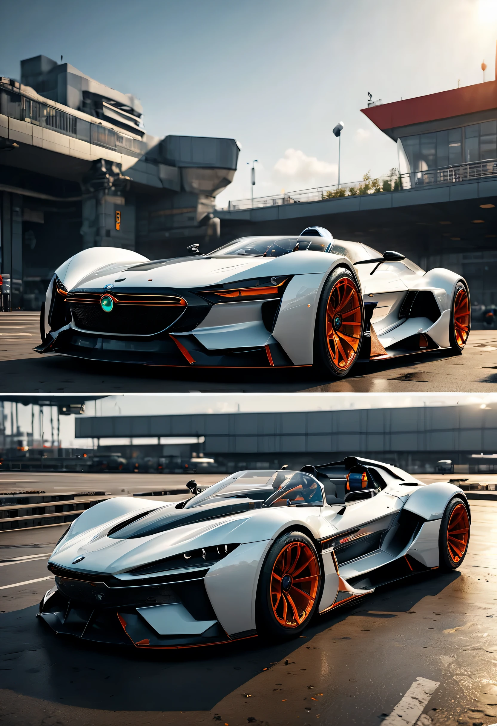 (masterpiece, highest quality, High resolution:1.2), (very detailed, realistic, intricate details, High resolution), car of the future, low height, wide, Fly, convertible, 4 front wheels、car with two rear wheels,