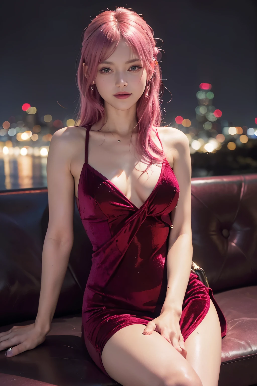 (8K, top-quality, masterpiece:1.2), (reallistic, Photorealsitic:1.37), Super Detail, One girl,), (Highly detailed), (beautifully detailed eyes), (of the highest quality), (super detailed ), (masterpiece), (Detailed face),20yr old, ,1 girl, ((pink hair,long hair)), medium breasts, clothed, Perfect Lighting, BREAK, (wine red:1.3), (shiny:1.4), (velvet:1.5), (bodycon mini dress:1.5), (slit:1.4), (heels:1.3), (metallic accessories:1.2), BRAKE, (upper body to knees:1.3), (curly side pony:1.4), (smile:1.2), (one leg forward, hips twisted, hand pinching dress hem, facing camera:1.5), (night view,lighted buildings:1.3), (light on dress and accessories, emphasizing shine:1.4)