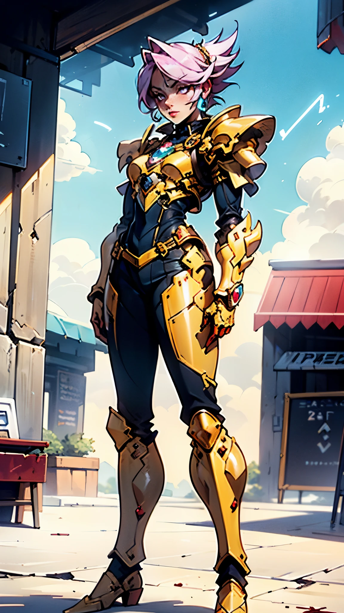 A woman adorned in fantasy-style full-body armor, a crown-concept fully enclosed helmet that unveils only her eyes, a composite layered chest plate, fully encompassing shoulder and hand guards, a lightweight waist armor, form-fitting shin guards, the overall design is heavy-duty yet flexible, ((the armor gleams with a golden glow, complemented by red and blue accents)), exhibiting a noble aura, she floats above a fantasy-surreal high-tech city, this character embodies a finely crafted fantasy-surreal style armored hero in anime style, exquisite and mature manga art style, (Queen bee mixed with Spider concept Armor, plasma, blood), ((Element, energy, elegant, goddess, femminine:1.5)), metallic, high definition, best quality, highres, ultra-detailed, ultra-fine painting, extremely delicate, professional, anatomically correct, symmetrical face, extremely detailed eyes and face, high quality eyes, creativity, RAW photo, UHD, 32k, Natural light, cinematic lighting, masterpiece-anatomy-perfect, masterpiece:1.5