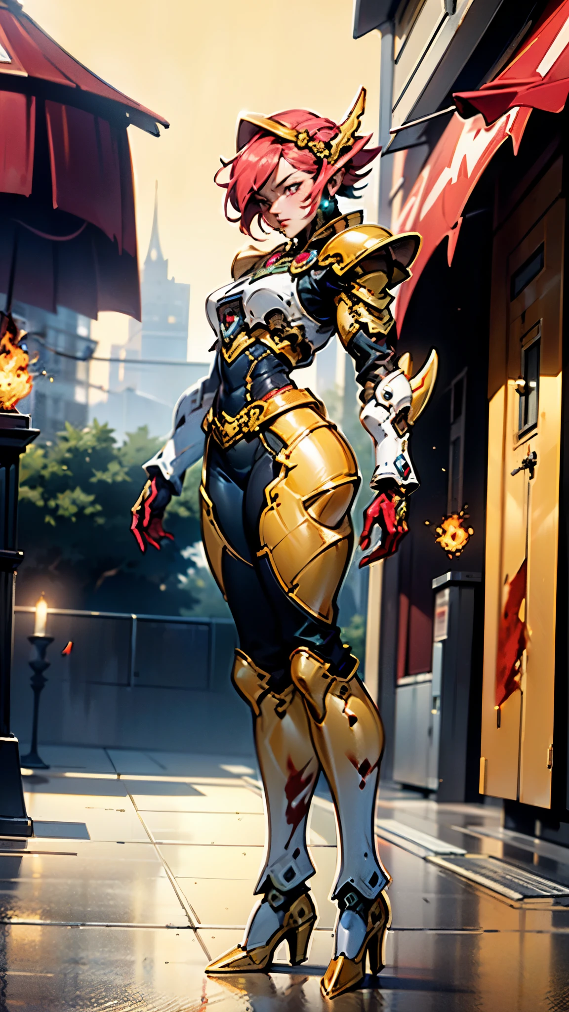 A woman adorned in fantasy-style full-body armor, a crown-concept fully enclosed helmet that unveils only her eyes, a composite layered chest plate, fully encompassing shoulder and hand guards, a lightweight waist armor, form-fitting shin guards, the overall design is heavy-duty yet flexible, ((the armor gleams with a golden glow, complemented by red and blue accents)), exhibiting a noble aura, she floats above a fantasy-surreal high-tech city, this character embodies a finely crafted fantasy-surreal style armored hero in anime style, exquisite and mature manga art style, (Queen bee mixed with Spider concept Armor, plasma, blood), ((Element, energy, elegant, goddess, femminine:1.5)), metallic, high definition, best quality, highres, ultra-detailed, ultra-fine painting, extremely delicate, professional, anatomically correct, symmetrical face, extremely detailed eyes and face, high quality eyes, creativity, RAW photo, UHD, 32k, Natural light, cinematic lighting, masterpiece-anatomy-perfect, masterpiece:1.5