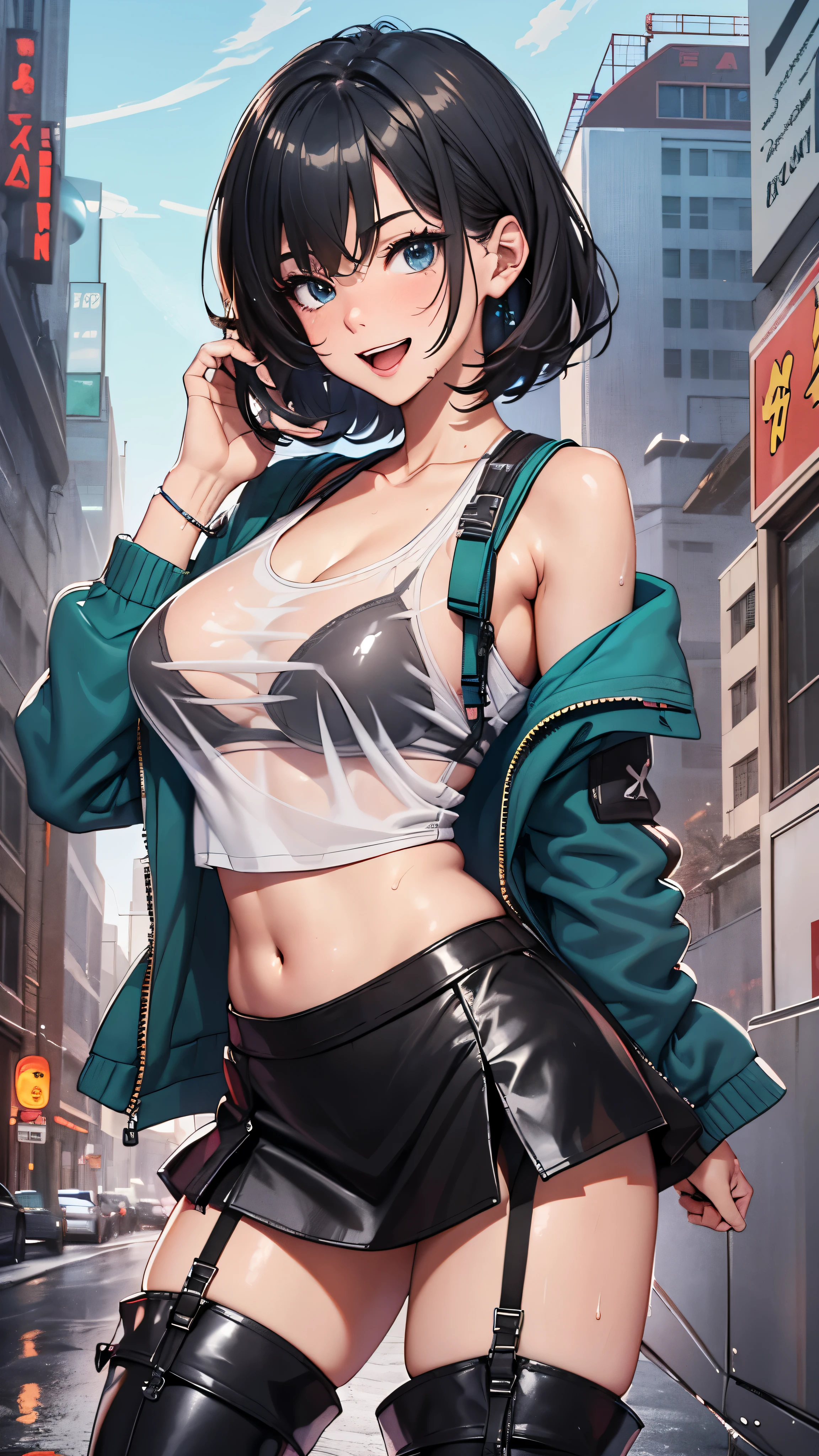 1 female,black hair,25 years old,(((blue shiny micro tight skirt)))((white tank top))(((blush、open mouth smile)),(((straight hair))),(((portrait))),crowd,,(wet with sweat)((sexy black bra and see-through tank top))(leather thigh high boots)(((big breasts)))