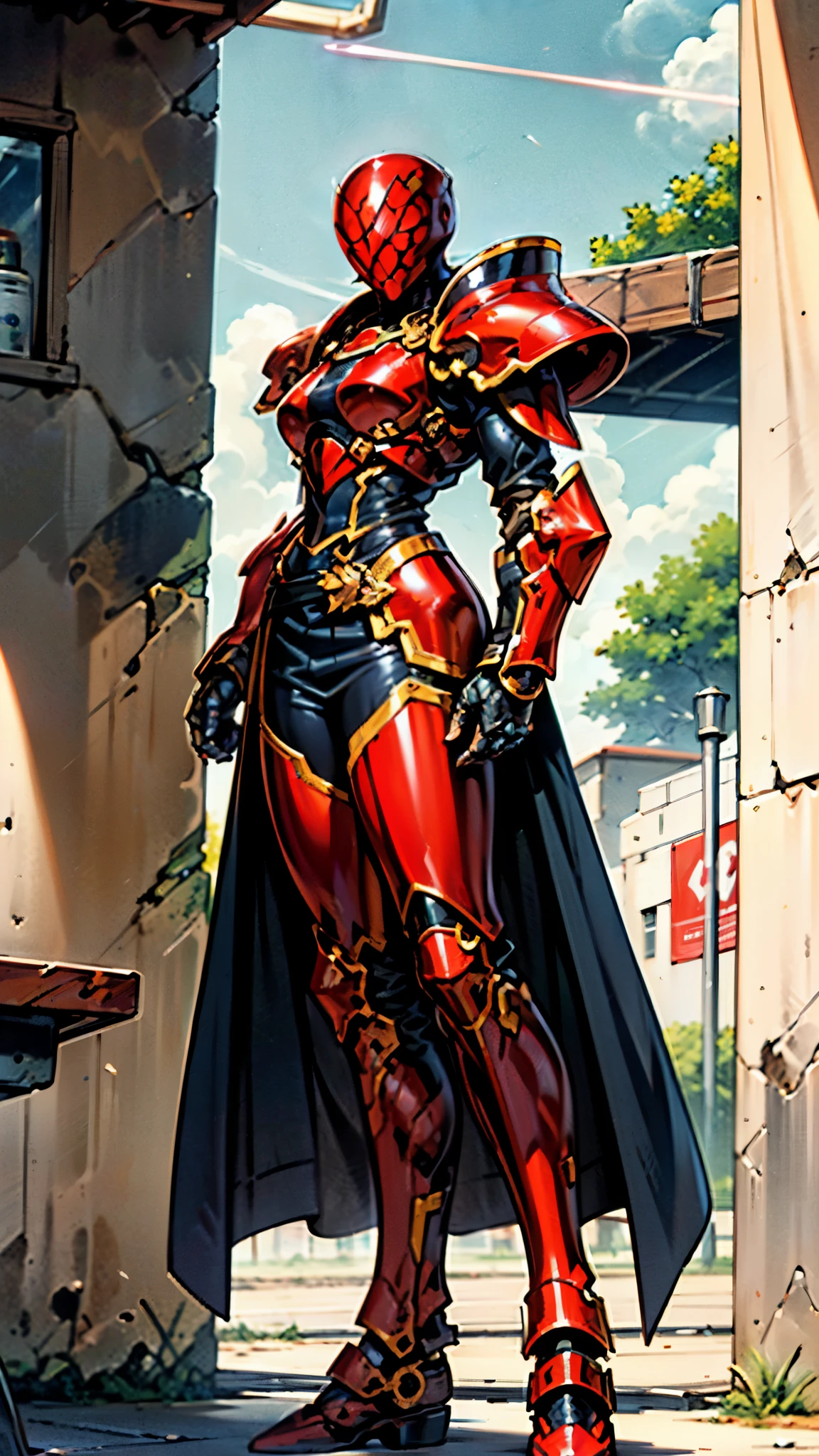 A woman adorned in fantasy-style full-body armor, a crown-concept fully enclosed helmet that unveils only her eyes, a composite layered chest plate, fully encompassing shoulder and hand guards, a lightweight waist armor, form-fitting shin guards, the overall design is heavy-duty yet flexible, ((the armor gleams with a golden glow, complemented by red and blue accents)), exhibiting a noble aura, she floats above a fantasy-surreal high-tech city, this character embodies a finely crafted fantasy-surreal style armored hero in anime style, exquisite and mature manga art style, (Queen bee mixed with Spider concept Armor, plasma, blood), ((Element, energy, elegant, goddess, femminine:1.5)), metallic, high definition, best quality, highres, ultra-detailed, ultra-fine painting, extremely delicate, professional, anatomically correct, symmetrical face, extremely detailed eyes and face, high quality eyes, creativity, RAW photo, UHD, 32k, Natural light, cinematic lighting, masterpiece-anatomy-perfect, masterpiece:1.5