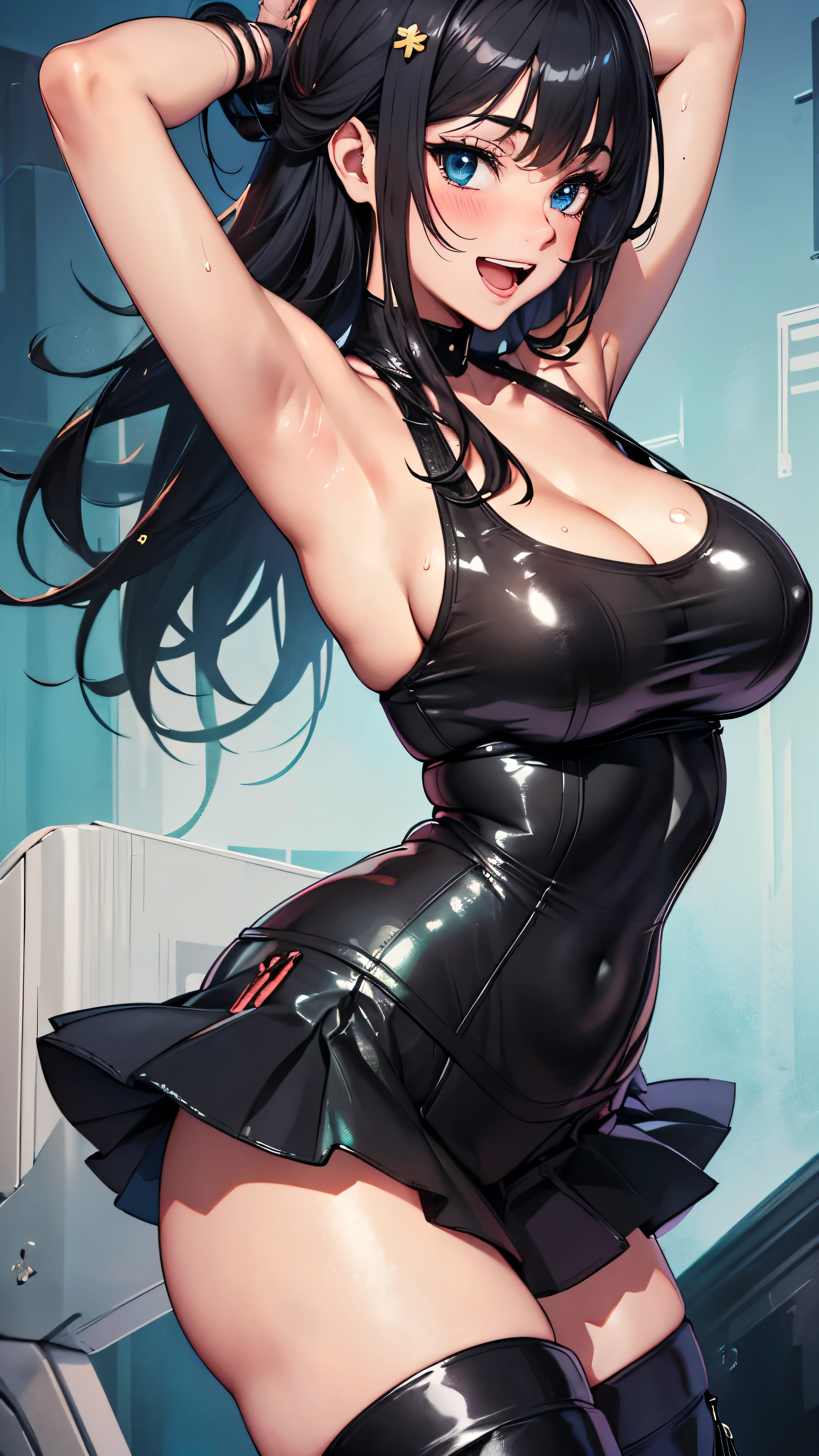 1 female,black hair,25 years old,(((blue shiny micro tight skirt)))((white tank top))(((blush、open mouth smile)),(((straight hair))),(((portrait))),crowd,,(wet with sweat)((sexy black bra and see-through tank top))(leather thigh high boots)(((big breasts)))