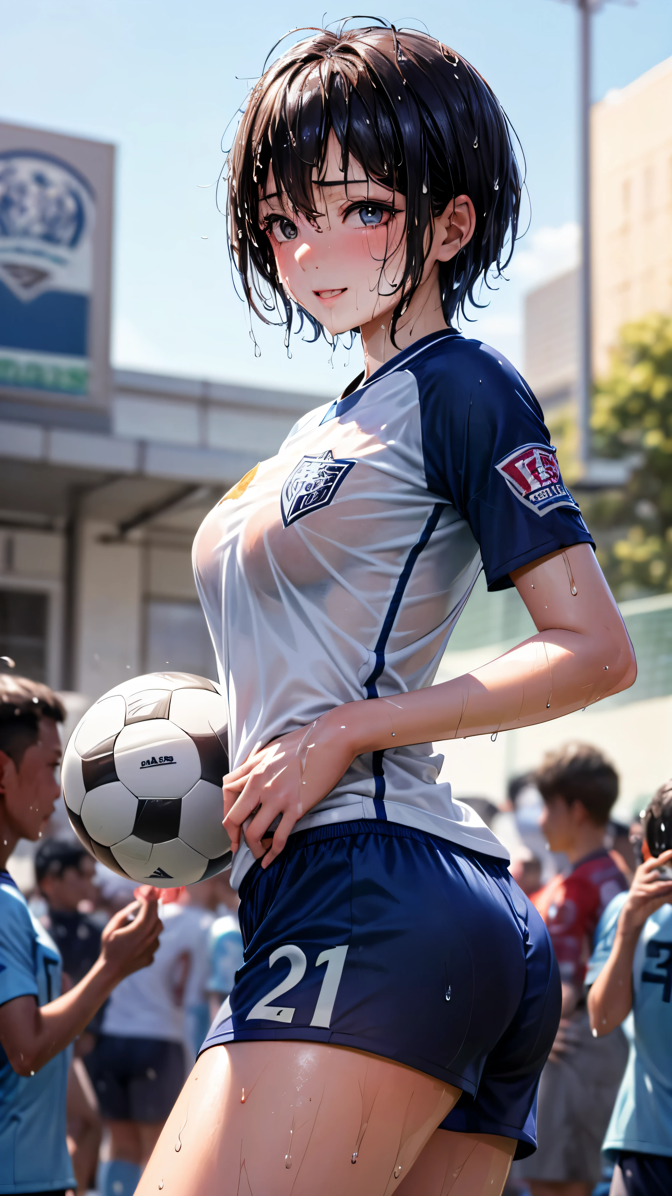 (masterpiece,highest quality,超A high resolution),japanese woman, (((very beautiful girl))), pretty girl、look at the photographer、Front view, ((short hair)), super cute face, glossy lips, double eyelids in both eyes,natural smile、 natural makeup, long eyelashes, shiny smooth hair、center image, perfect limbs, perfect anatomy,(((soccer uniform)))、((())),(((wet with sweat))),You can see her bra from the side of her uniform,