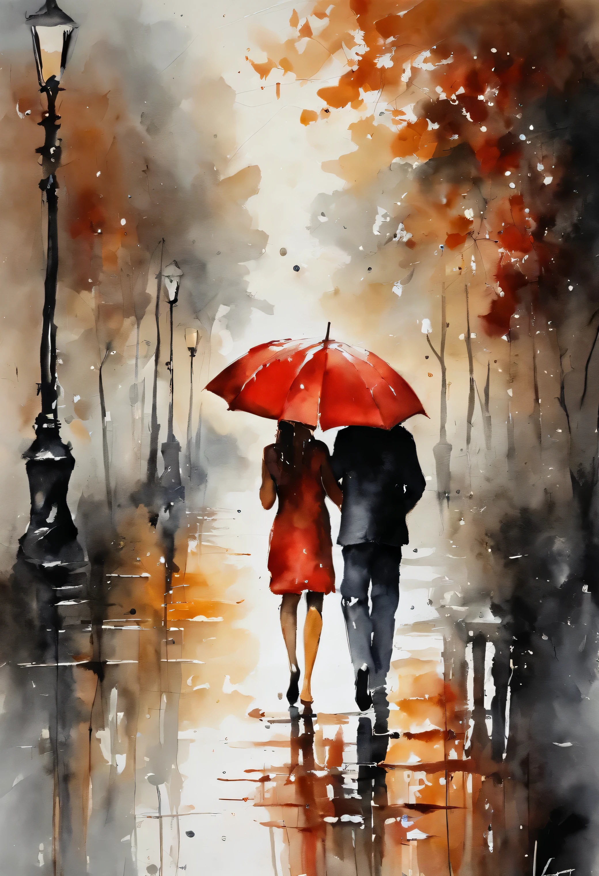 The image depicts a silhouette of a man and a woman walking under one red umbrella and walking together in the rain and is possibly a painting, sketch, drawing, or watercolor artwork, full body shape silhouette. Perfect reflections. It captures an outdoor scene on a street during rainy weather, light grey and beige colors only