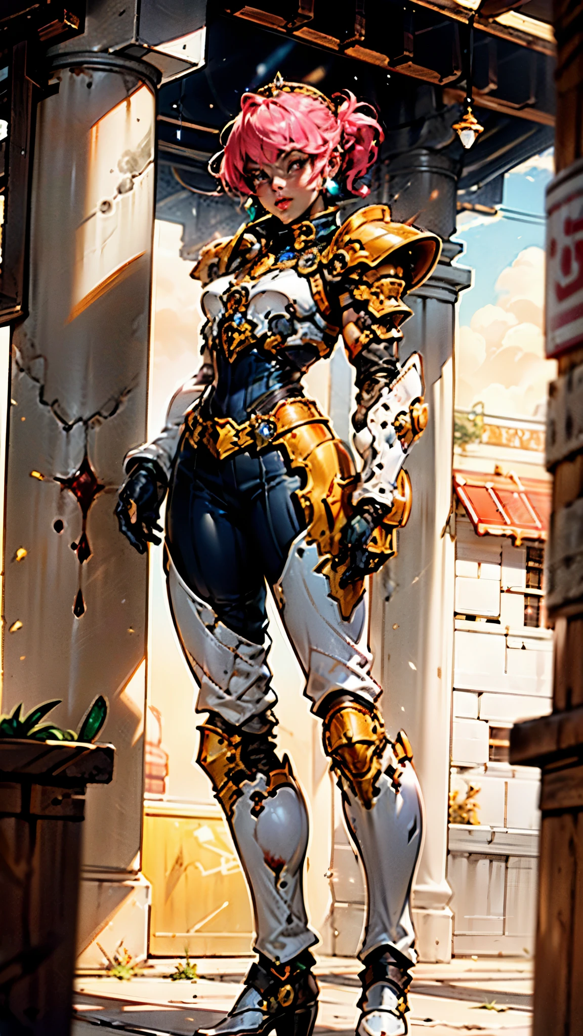 A woman adorned in fantasy-style full-body armor, a crown-concept fully enclosed helmet that unveils only her eyes, a composite layered chest plate, fully encompassing shoulder and hand guards, a lightweight waist armor, form-fitting shin guards, the overall design is heavy-duty yet flexible, ((the armor gleams with a golden glow, complemented by red and blue accents)), exhibiting a noble aura, she floats above a fantasy-surreal high-tech city, this character embodies a finely crafted fantasy-surreal style armored hero in anime style, exquisite and mature manga art style, (Queen bee mixed with Spider concept Armor, plasma, blood), ((Element, energy, elegant, goddess, femminine:1.5)), metallic, high definition, best quality, highres, ultra-detailed, ultra-fine painting, extremely delicate, professional, anatomically correct, symmetrical face, extremely detailed eyes and face, high quality eyes, creativity, RAW photo, UHD, 32k, Natural light, cinematic lighting, masterpiece-anatomy-perfect, masterpiece:1.5