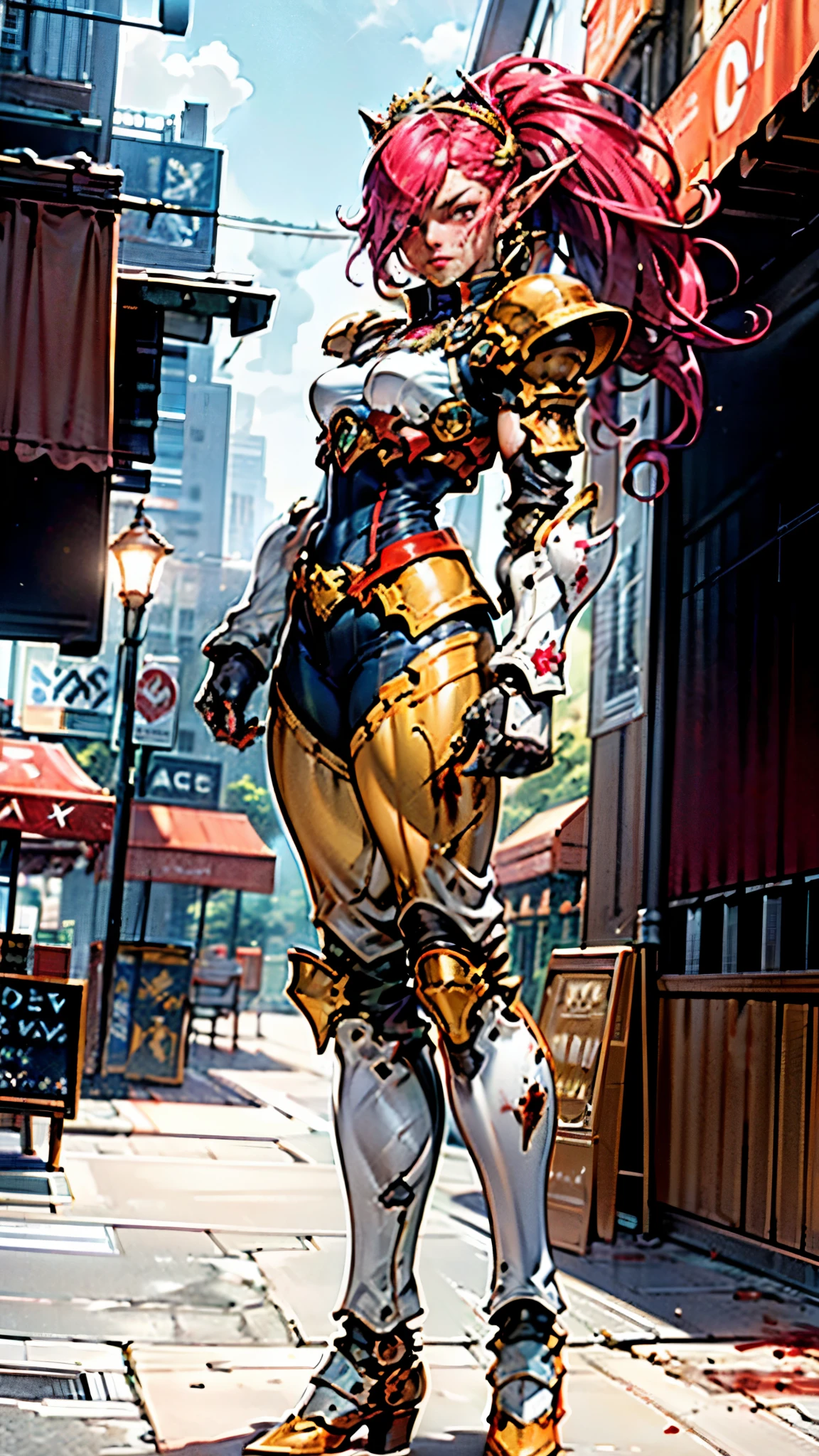 A woman adorned in fantasy-style full-body armor, a crown-concept fully enclosed helmet that unveils only her eyes, a composite layered chest plate, fully encompassing shoulder and hand guards, a lightweight waist armor, form-fitting shin guards, the overall design is heavy-duty yet flexible, ((the armor gleams with a golden glow, complemented by red and blue accents)), exhibiting a noble aura, she floats above a fantasy-surreal high-tech city, this character embodies a finely crafted fantasy-surreal style armored hero in anime style, exquisite and mature manga art style, (Queen bee mixed with Spider concept Armor, plasma, blood), ((Element, energy, elegant, goddess, femminine:1.5)), metallic, high definition, best quality, highres, ultra-detailed, ultra-fine painting, extremely delicate, professional, anatomically correct, symmetrical face, extremely detailed eyes and face, high quality eyes, creativity, RAW photo, UHD, 32k, Natural light, cinematic lighting, masterpiece-anatomy-perfect, masterpiece:1.5
