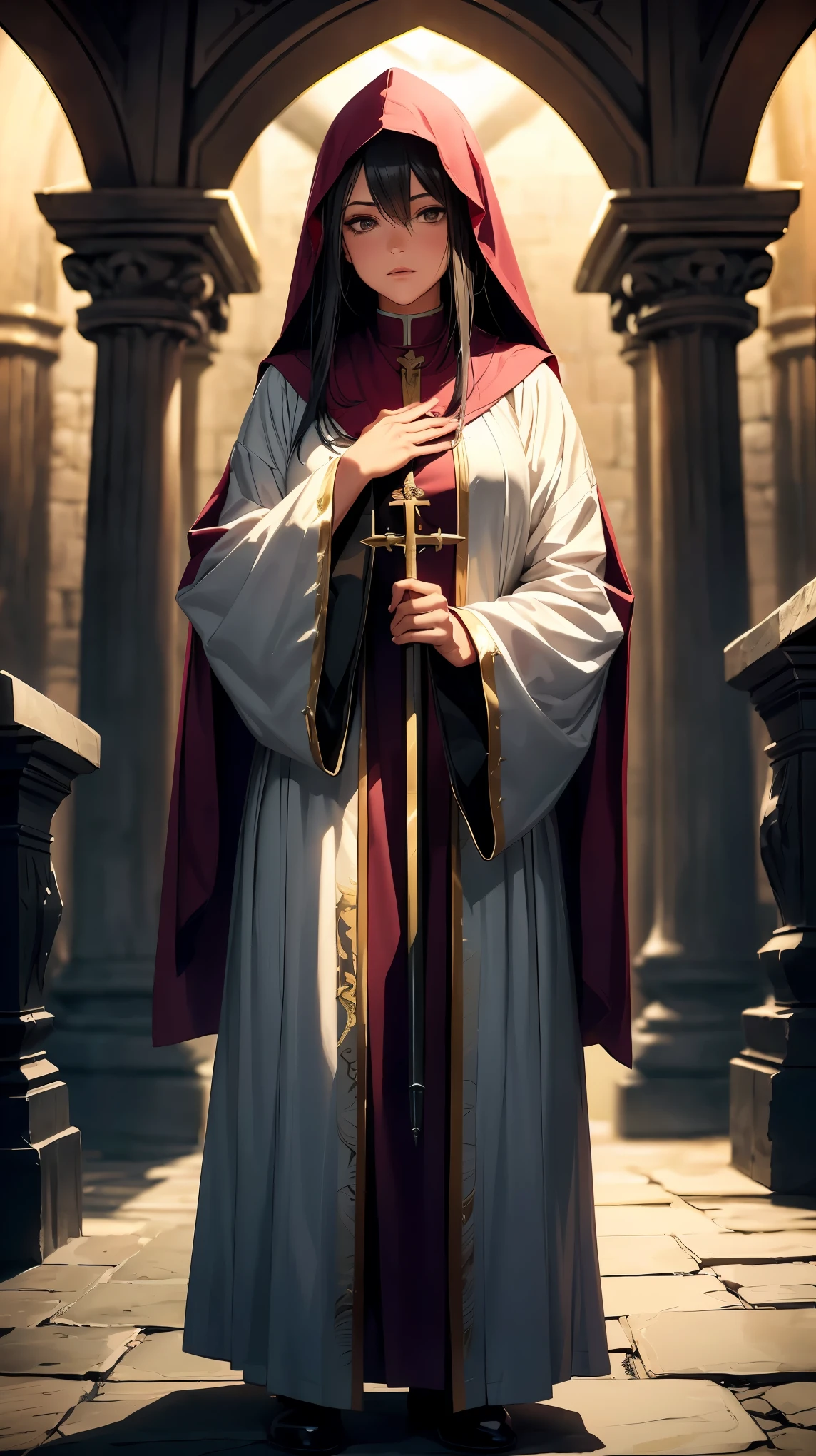 Blood nun, dark and gloomy atmosphere, old church with biblical windows, beautiful woman with red and penetrating eyes, 1 woman surrounded by ethereal spirits, eternal and deep darkness, penitent ghosts, group of humanoid spirits