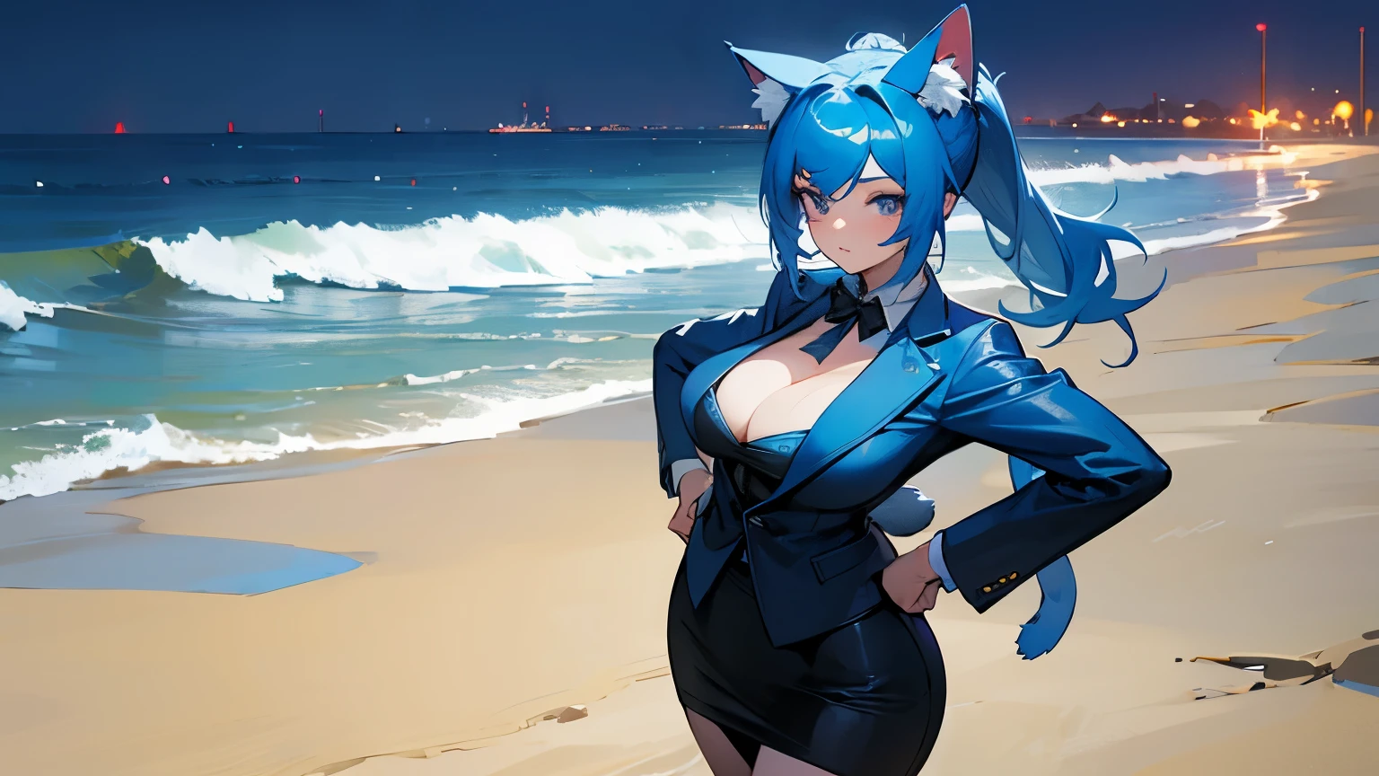 1 girl, bright blue hair with long ponytail, sexy business suit, skirt and jacket, deep semi-open neckline, with cat ears, big breasts, wide hips, with a background on the night beach, wallpaper pc