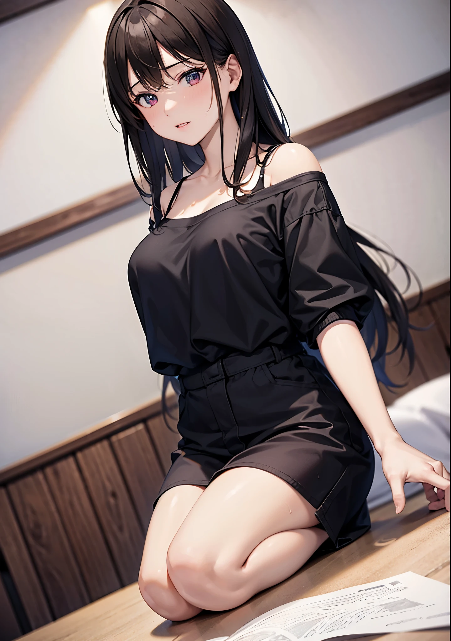 highest quality、All limbs、full finger、1 girl、((one beautiful woman、solo))、black haired woman、Shoulder-length medium hair、straight hair、big breasted woman、big smile、naughty pose、((Black T-shirt))、((Black miniskirt))、barefoot、sexy pose、hands on hips、Living room at home、hands on hips