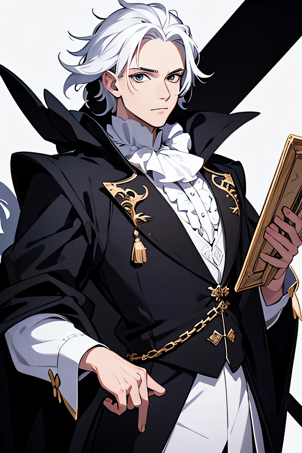 Vtuber-style anime illustration、1 male、40 years old、beard、Black Hat、Black suit、Black tie、A stern middle-aged man、Sharp Eye、Holding a cigarette、