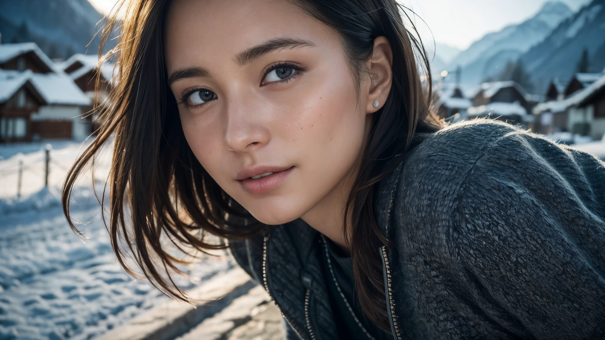 dressed, (photo realistic:1.4), (hyper realistic:1.4), (realistic:1.3), (smoother lighting:1.05), (increase cinematic lighting quality:0.9), 32K, 1girl,20yo girl, realistic lighting, backlighting, light on the face, ray trace, (brightening light:1.2), (Increase quality:1.4), (best quality real texture skin:1.4), finely detailed eyes, finely detailed happy face, finely quality eyes, (tired and sleepy and satisfied:0.0), face closeup, The background is the village of Lauterbrunnen, Switzerland, (Increase body line mood:1.1), (Increase skin texture beauty:1.1)