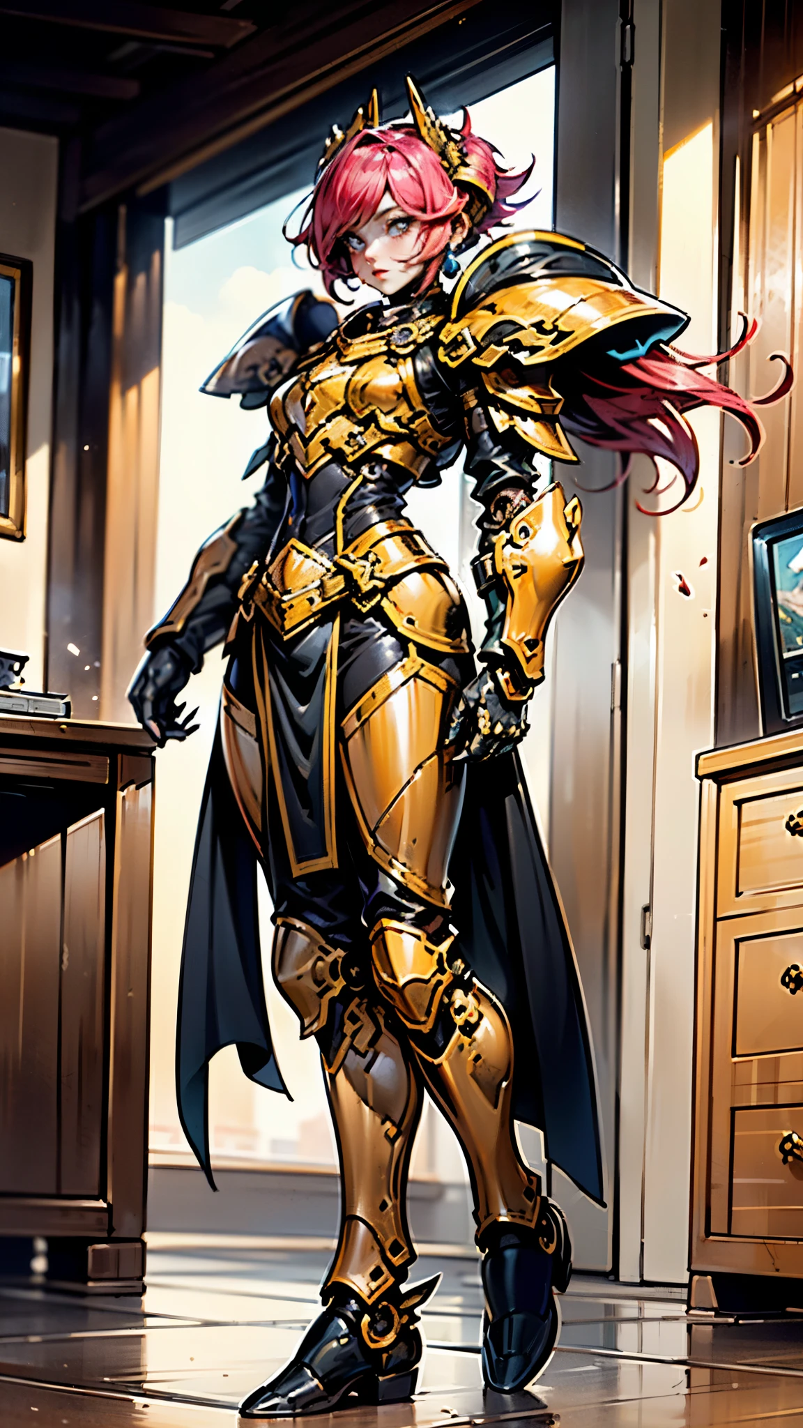 A woman adorned in fantasy-style full-body armor, a crown-concept fully enclosed helmet that unveils only her eyes, a composite layered chest plate, fully encompassing shoulder and hand guards, a lightweight waist armor, form-fitting shin guards, the overall design is heavy-duty yet flexible, ((the armor gleams with a golden glow, complemented by red and blue accents)), exhibiting a noble aura, she floats above a fantasy-surreal high-tech city, this character embodies a finely crafted fantasy-surreal style armored hero in anime style, exquisite and mature manga art style, (Queen bee mixed with Spider concept Armor, plasma, blood), ((Element, energy, elegant, goddess, femminine:1.5)), metallic, high definition, best quality, highres, ultra-detailed, ultra-fine painting, extremely delicate, professional, anatomically correct, symmetrical face, extremely detailed eyes and face, high quality eyes, creativity, RAW photo, UHD, 32k, Natural light, cinematic lighting, masterpiece-anatomy-perfect, masterpiece:1.5
