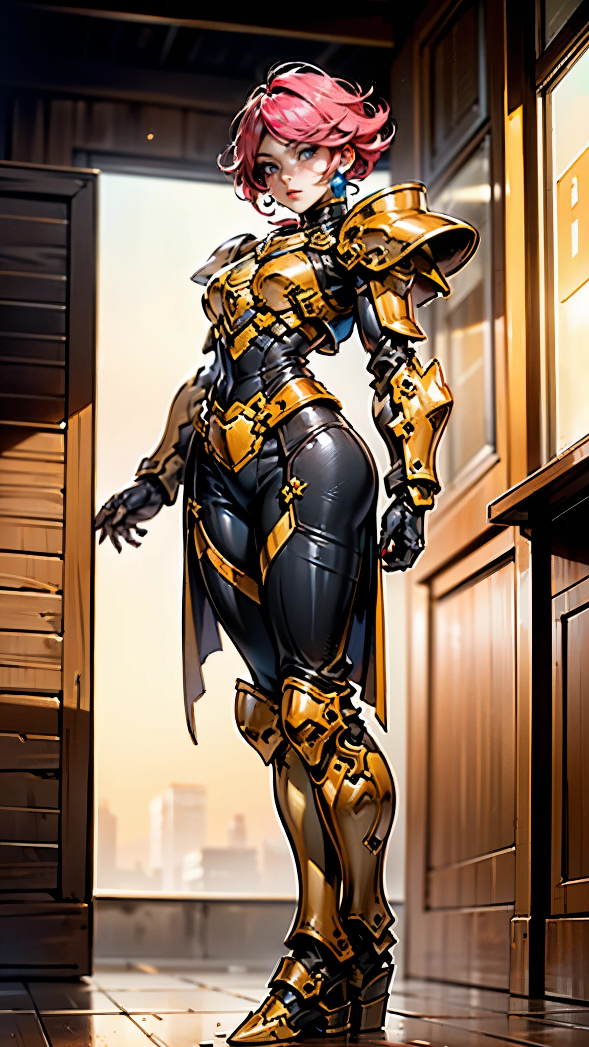 A woman adorned in fantasy-style full-body armor, a crown-concept fully enclosed helmet that unveils only her eyes, a composite layered chest plate, fully encompassing shoulder and hand guards, a lightweight waist armor, form-fitting shin guards, the overall design is heavy-duty yet flexible, ((the armor gleams with a golden glow, complemented by red and blue accents)), exhibiting a noble aura, she floats above a fantasy-surreal high-tech city, this character embodies a finely crafted fantasy-surreal style armored hero in anime style, exquisite and mature manga art style, (Queen bee mixed with Spider concept Armor, plasma, blood), ((Element, energy, elegant, goddess, femminine:1.5)), metallic, high definition, best quality, highres, ultra-detailed, ultra-fine painting, extremely delicate, professional, anatomically correct, symmetrical face, extremely detailed eyes and face, high quality eyes, creativity, RAW photo, UHD, 32k, Natural light, cinematic lighting, masterpiece-anatomy-perfect, masterpiece:1.5