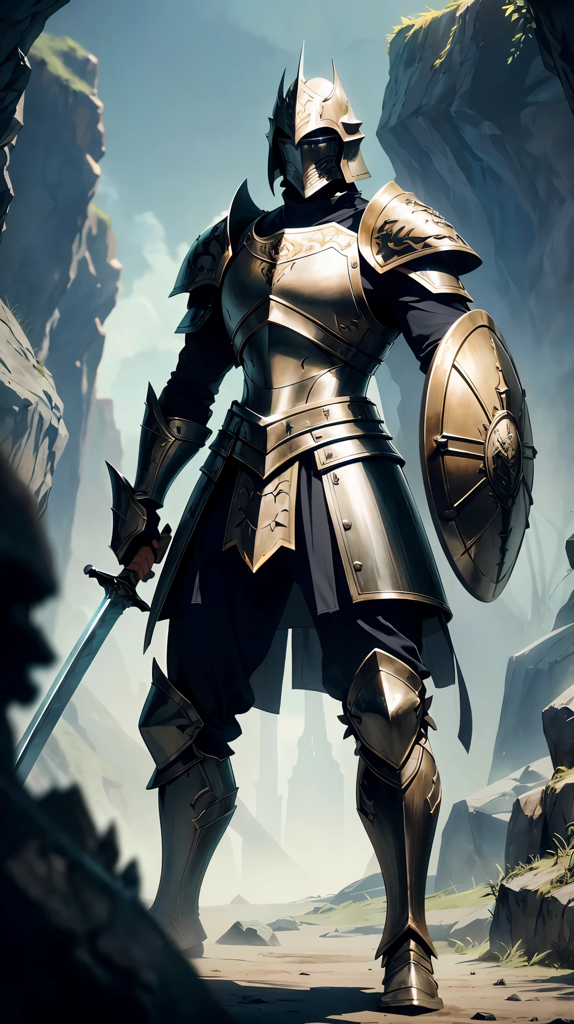 (8k, RAW photo, 最high quality, masterpiece:1.2), High-definition RAW color photo, Professional photo shoot, cinematic light, RPG design, dark fantasy graphics, Humanoid monsters, warrior, ((full body shot)), (((swordsman))), man in armor, 上級warrior, level 10 fighter, A man wearing armor and carrying a large sword and large shield., raise the sword, Attack action against viewers, fantasy art, ((Underground dungeon background, Stone Dungeon)), dim lighting, film grain, background bokeh, high quality, surreal, ((very detailed, photo shoot)),