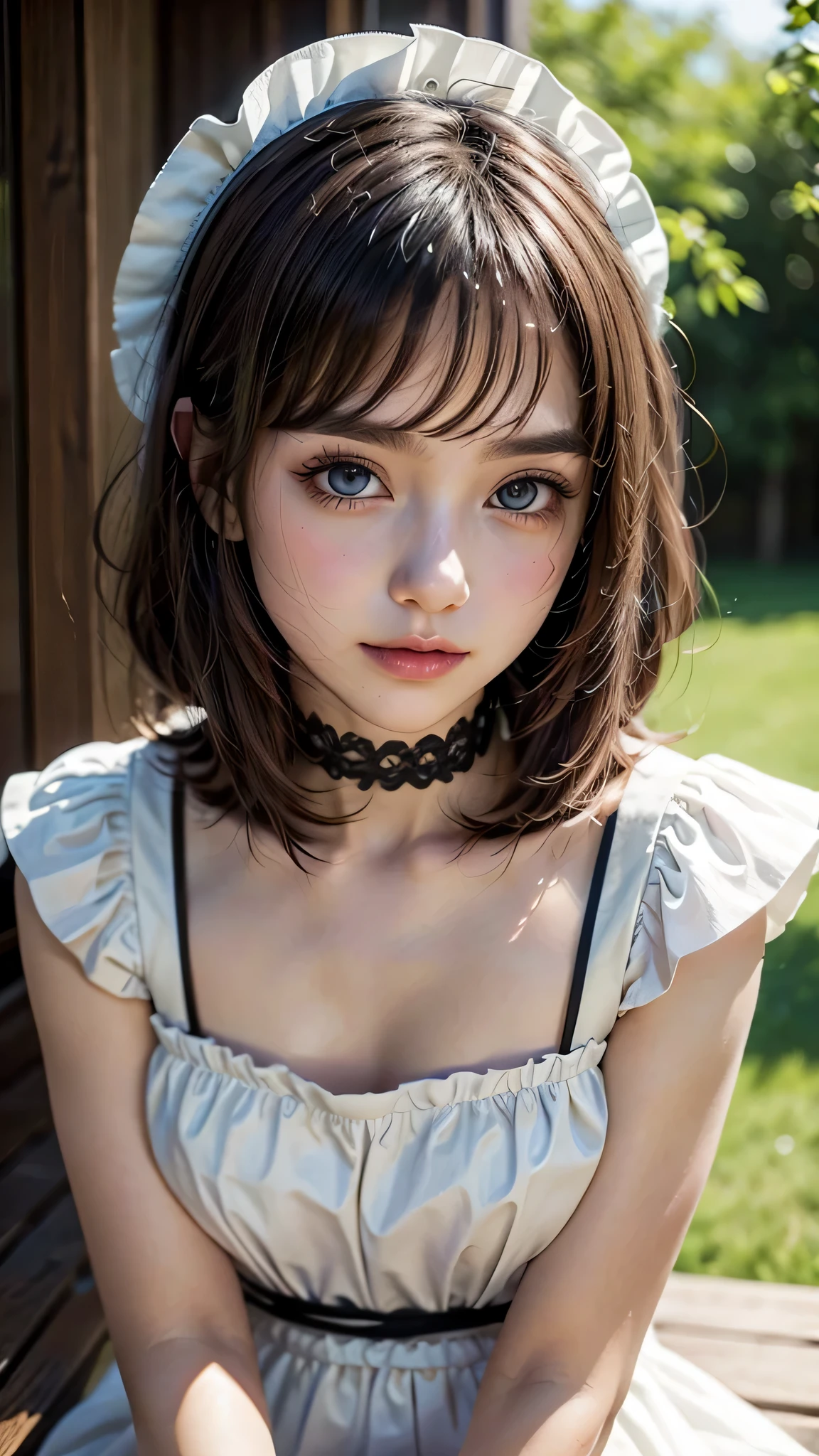 Beautiful white and shining skin、Chestnut hair that changes depending on the light、Long bangs between the eyes that obstruct the view、Cheek gloss highlights、Sexy and very beautiful nice gorgeous face、the most beautiful face in the world、short bob、Smooth straight hair、medium breasts、Big and bright eyey eyes are shining、beautiful bangs、Beautiful and beautiful woman、small face beauty、headdress、white blouse、black ribbon、ruffle skirt、puff sleeves、collar、choker、white apron with fine frills、black maid costume、