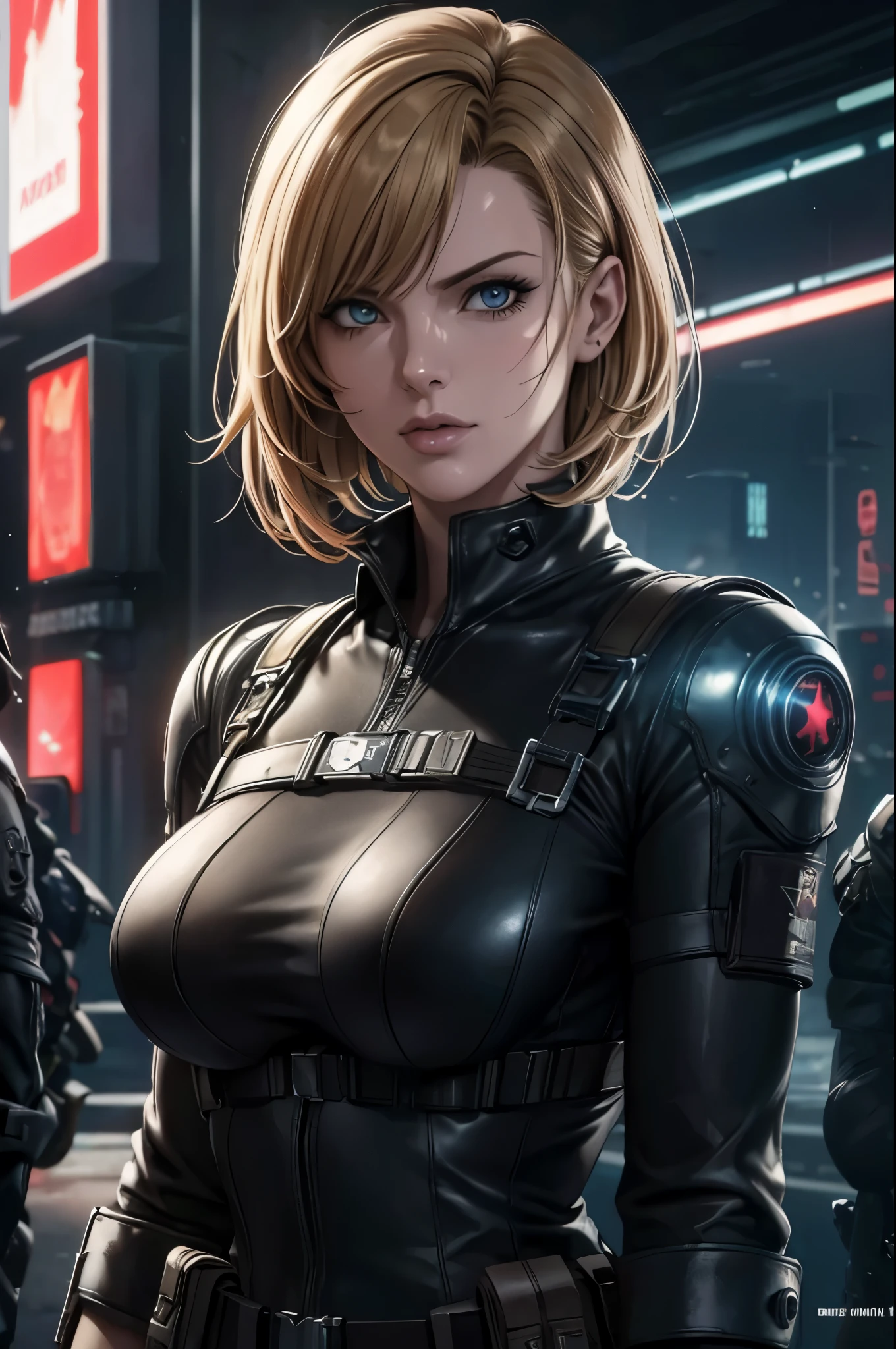 super fine illustration, ultra high resolution, masterpiece, highest quality, perfect shiny shinny skin, perfect lighting, detailed lighting, dramatic shadow, ray tracing, 1 beautiful white milf, looking at the viewer, small breasts, beautiful detailed hazel eyes, sharp face, clear eyes, red lips, long bangs, short curly hair, blond hair, ((cyberpunk dark city)), Upper body, battle suit, military harness, Alice Abernathy - Resident Evil Series, Milla Jovovich,