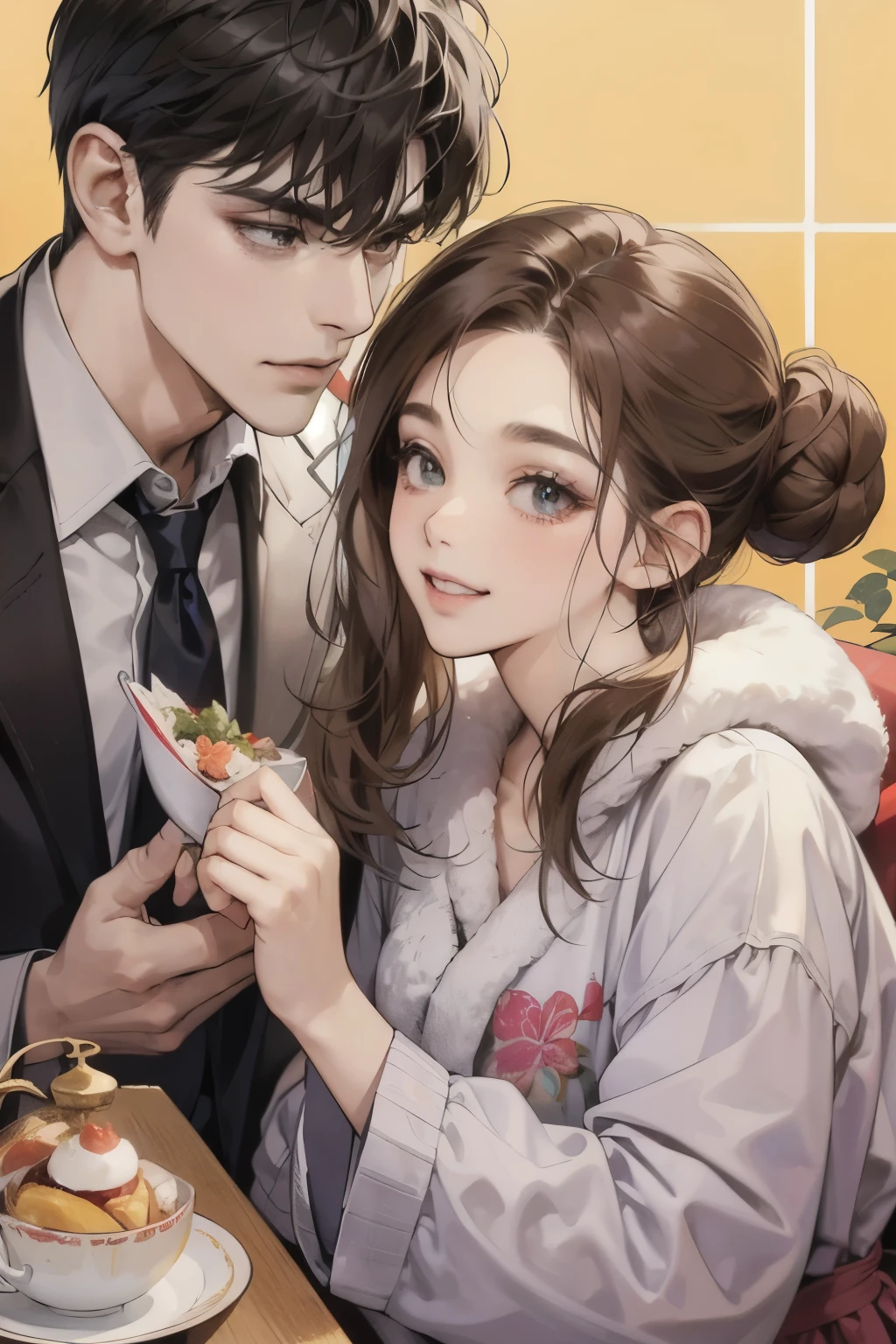 (table top, digital illustration, 4k, 8k, Super detailed, beautiful images, clear image,  perfect face, perfect lines, perfect eyes, soft lighting) 1 female, (light brown hair,bun hair,innocent look,droopy eyebrows,droopy eyes、With a round face,round chin、innocence,cute,Big eyes,natural makeup,smile gently,E cup,23 years old:1.3),Two handsome men in suits, (human,man in suit,muscular,solid shoulder width,  boyish hairstyle,A man in his 30s with a cool expression,28 year old man with a bright smile:1.2),garden full of light、lots of flowers、Squirting、colorful flower light,(embarrassing,shy smile:1.2),resort sofa,kiss、カップルkiss、romance porn、couple of man and woman looking at each other、In battle、Afternoon tea、lunch