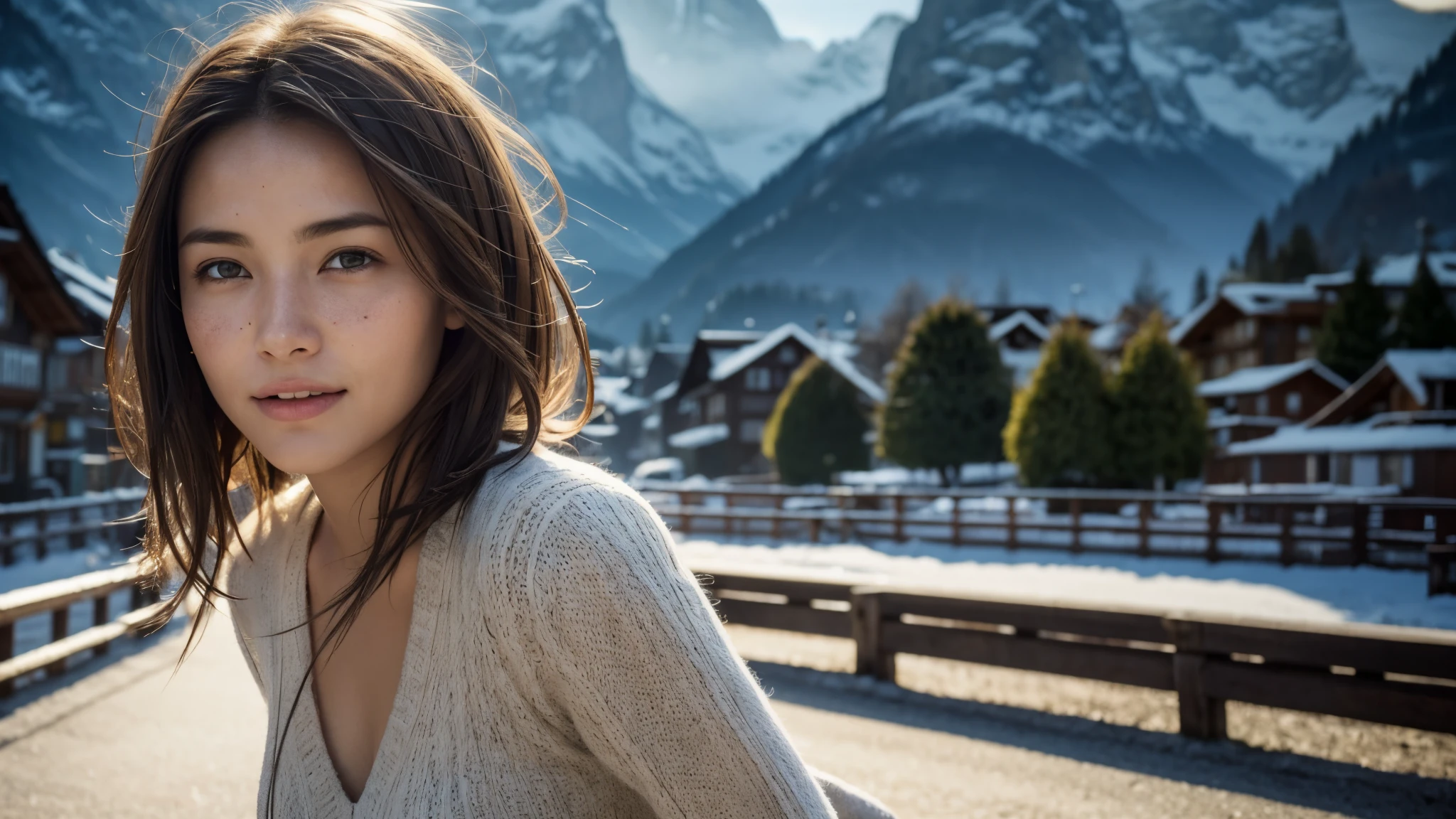 dressed, (photo realistic:1.4), (hyper realistic:1.4), (realistic:1.3), (smoother lighting:1.05), (increase cinematic lighting quality:0.9), 32K, 1girl,20yo girl, realistic lighting, backlighting, light on the face, ray trace, (brightening light:1.2), (Increase quality:1.4), (best quality real texture skin:1.4), finely detailed eyes, finely detailed happy face, finely quality eyes, (tired and sleepy and satisfied:0.0), face closeup, The background is the village of Lauterbrunnen, Switzerland, (Increase body line mood:1.1), (Increase skin texture beauty:1.1)