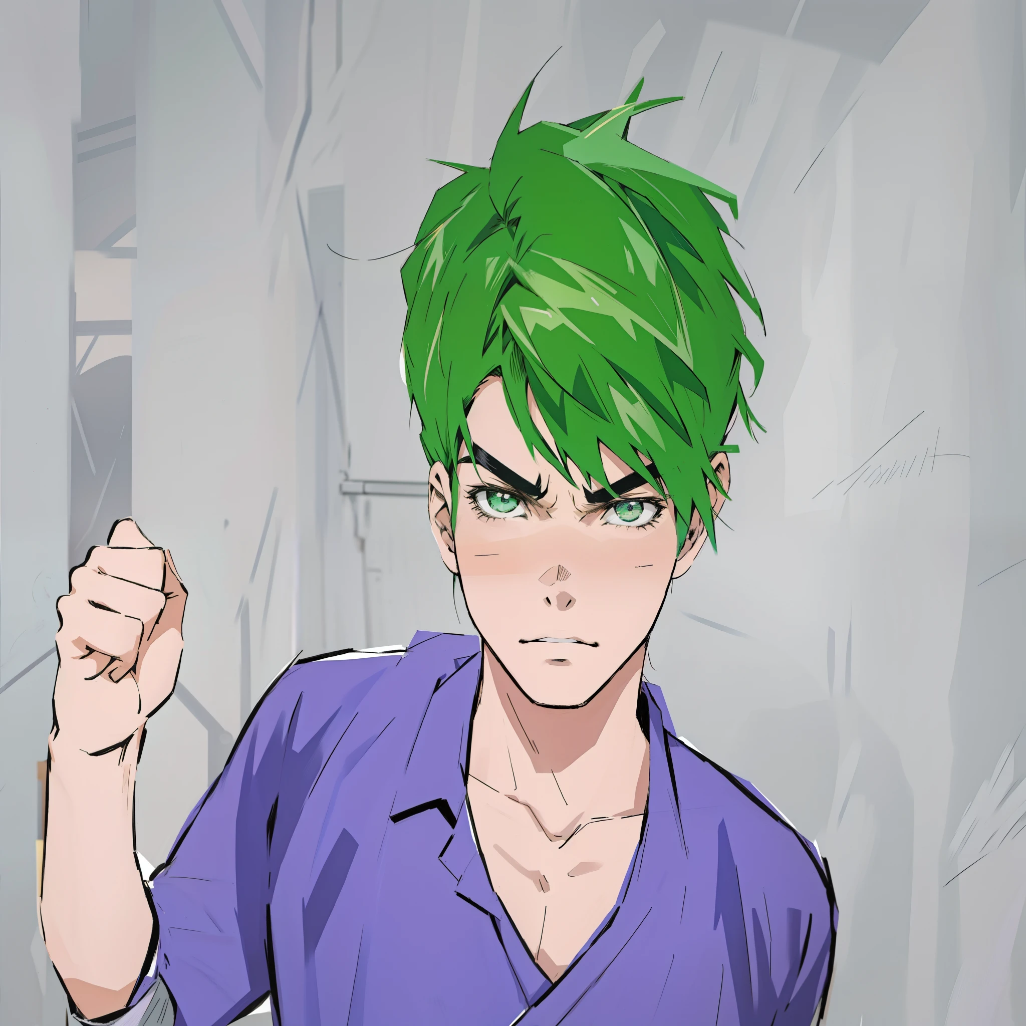 hay un dibujo de un hombre con cabello verde y una camisa morada, estilo anime jojo, tono de pantalla coloreado, mirada enojada, En estilo anime, en un estilo anime, el bromista se parece a naruto, dibujado con photoshop, Parecer enojado, en estilo manga, epic comic style, mirada enojadaing, angry and pointing, estilo anime 2d, pelo verde corto y despeinado
