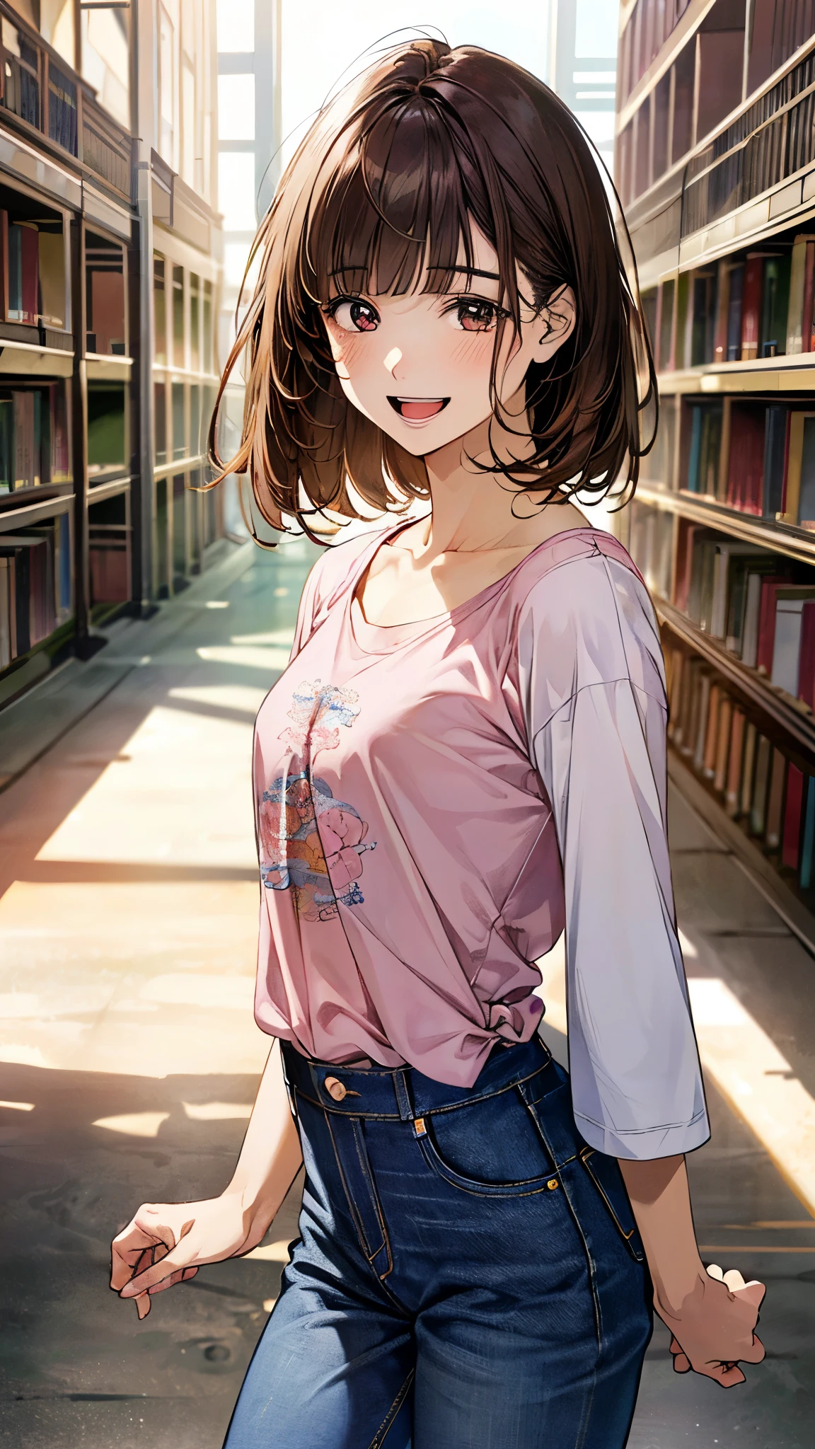 (masterpiece:1.2, top-quality, ultra high res, ultra detailed), (realistic, photorealistic:1.4), beautiful illustration, colorful, (natural side lighting, movie lighting),
looking at viewer, 1 girl, japanese, junior high school girl, perfect face, (perfect anatomy), cute and symmetrical face, shiny skin, ,
(short hair:1.5, straight hair:1.2, red brown hair), blunt bangs, black eyes, small eyes, drooping eyes, slant eyes, long eye lasher, (),
beautiful hair, beautiful face, beautiful detailed eyes, beautiful clavicle, beautiful body, beautiful chest, beautiful thigh, beautiful legs,
((detailed cloth texture, seven-quarter sleeve pink t-shirts, Jeans),
(beautiful scenery), depth of field, evening, (library), standing, (happy smile, upper eyes, open mouth),